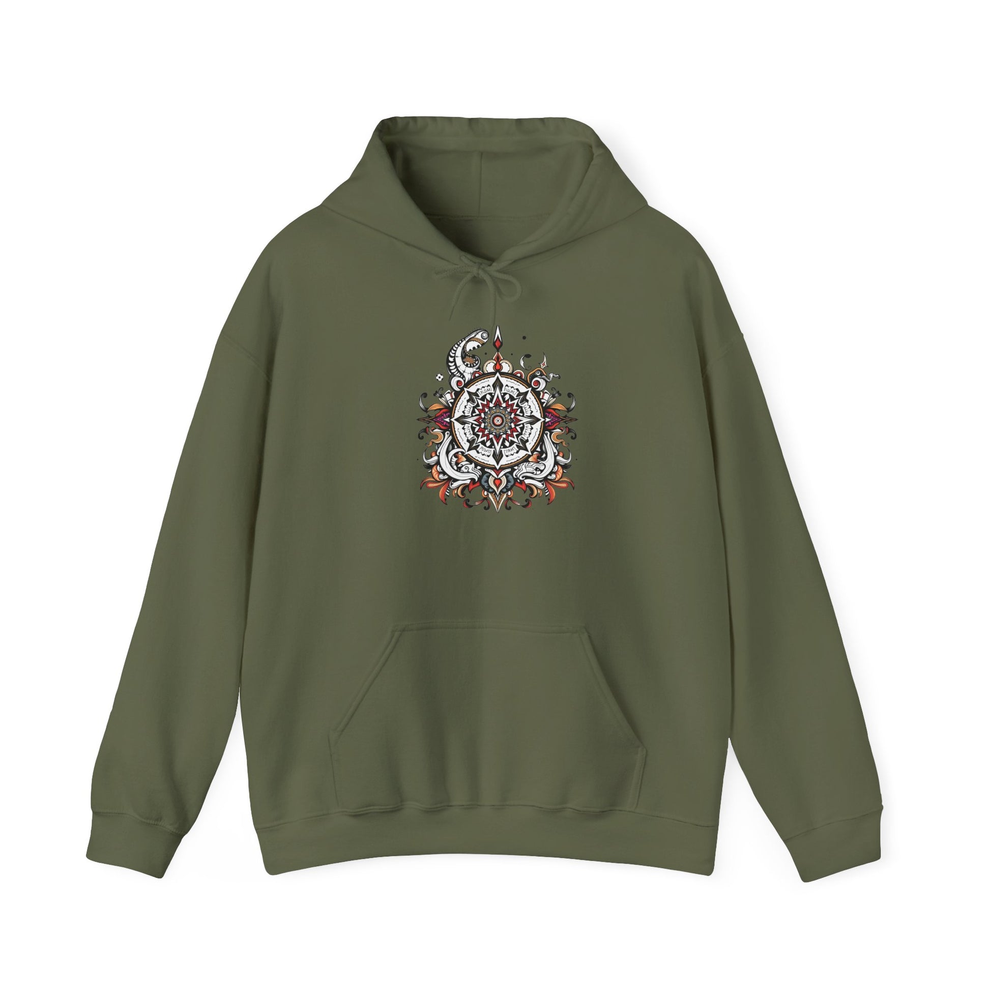 Cozy hoodie featuring a striking black, red, and white mandala, offered in vibrant color choices