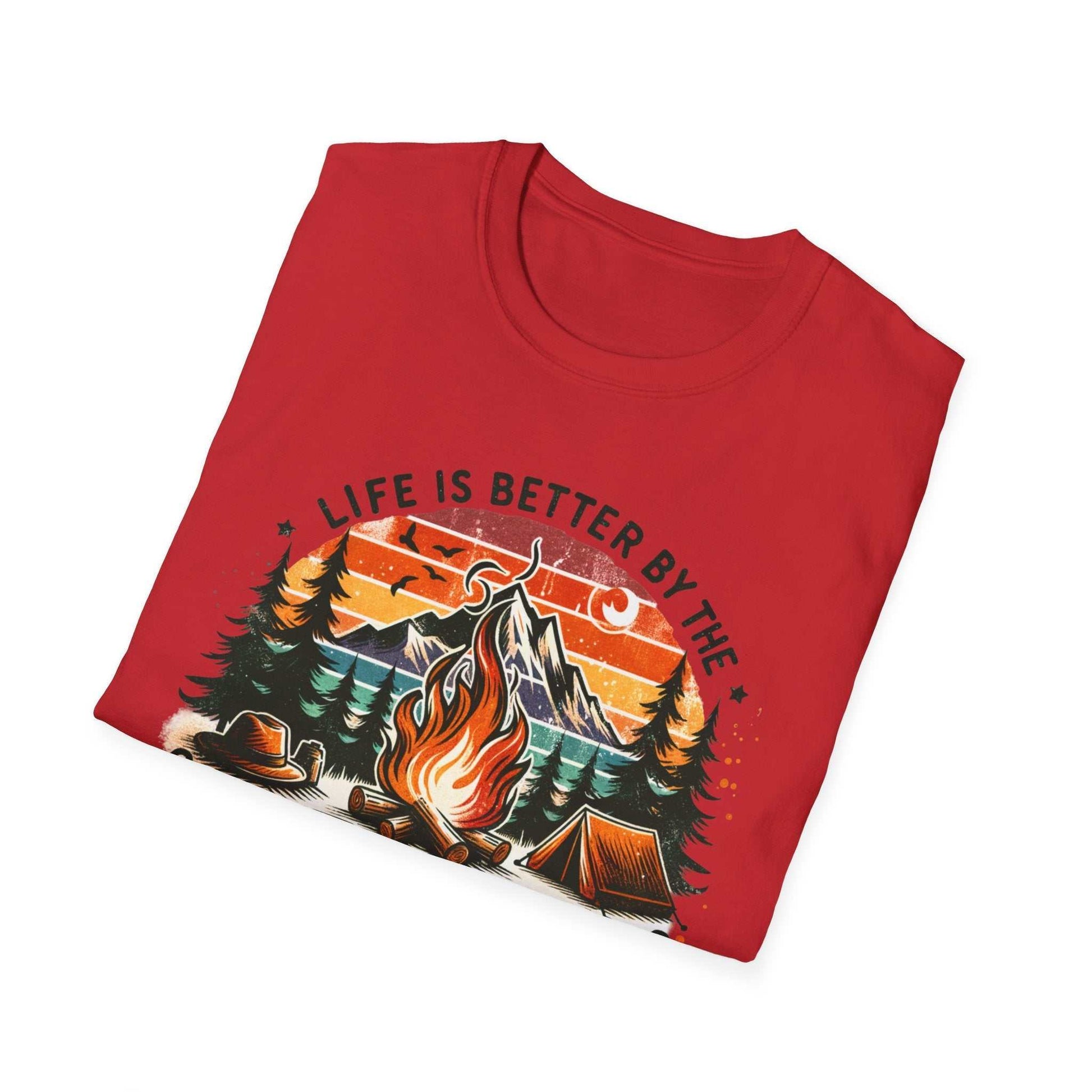 Red unisex t-shirt with a vibrant campfire and mountain design and the text "Life is better by the campfire"