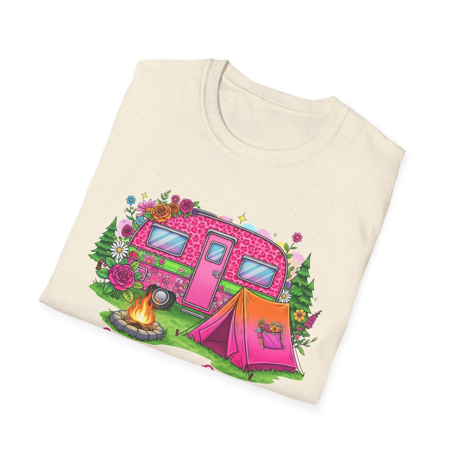 Folded Camping Queen T-Shirt with pink camper, tent, campfire, and floral design on cream fabric