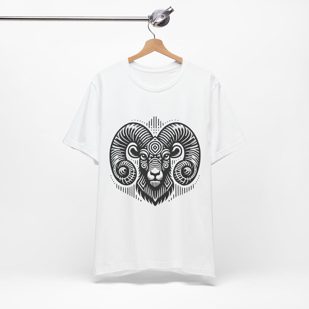 Striking tee with an intricate black tribal ram design, offered in vibrant color options
