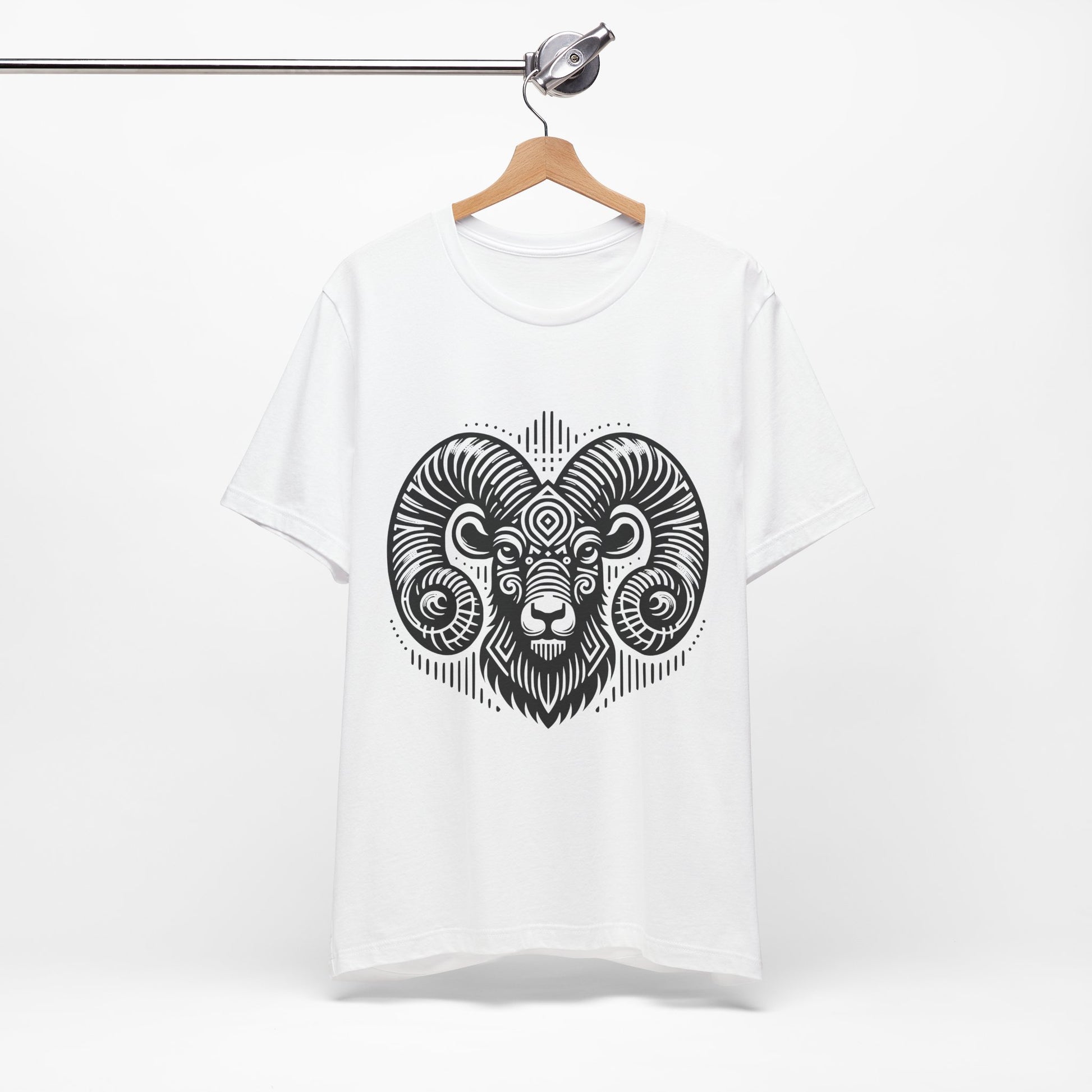 Striking tee with an intricate black tribal ram design, offered in vibrant color options