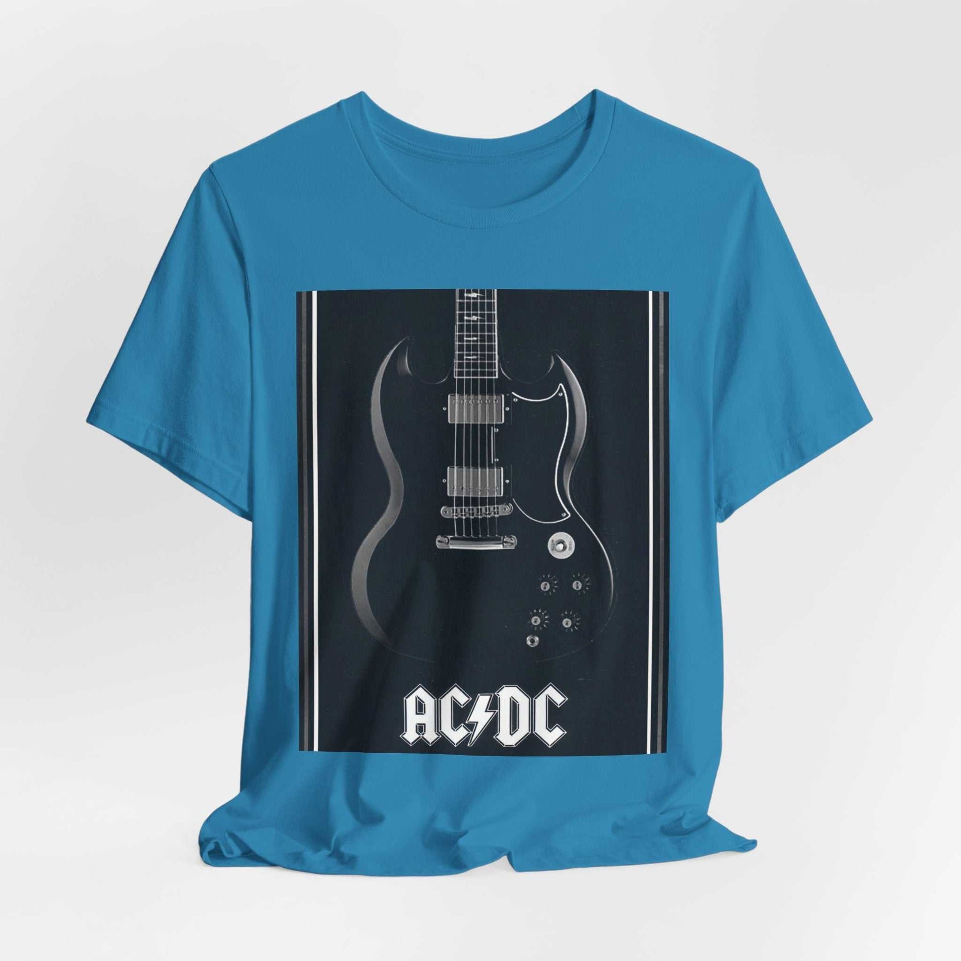 Blue unisex t-shirt featuring a black and white electric guitar graphic with AC/DC logo, made of 100% lightweight cotton.