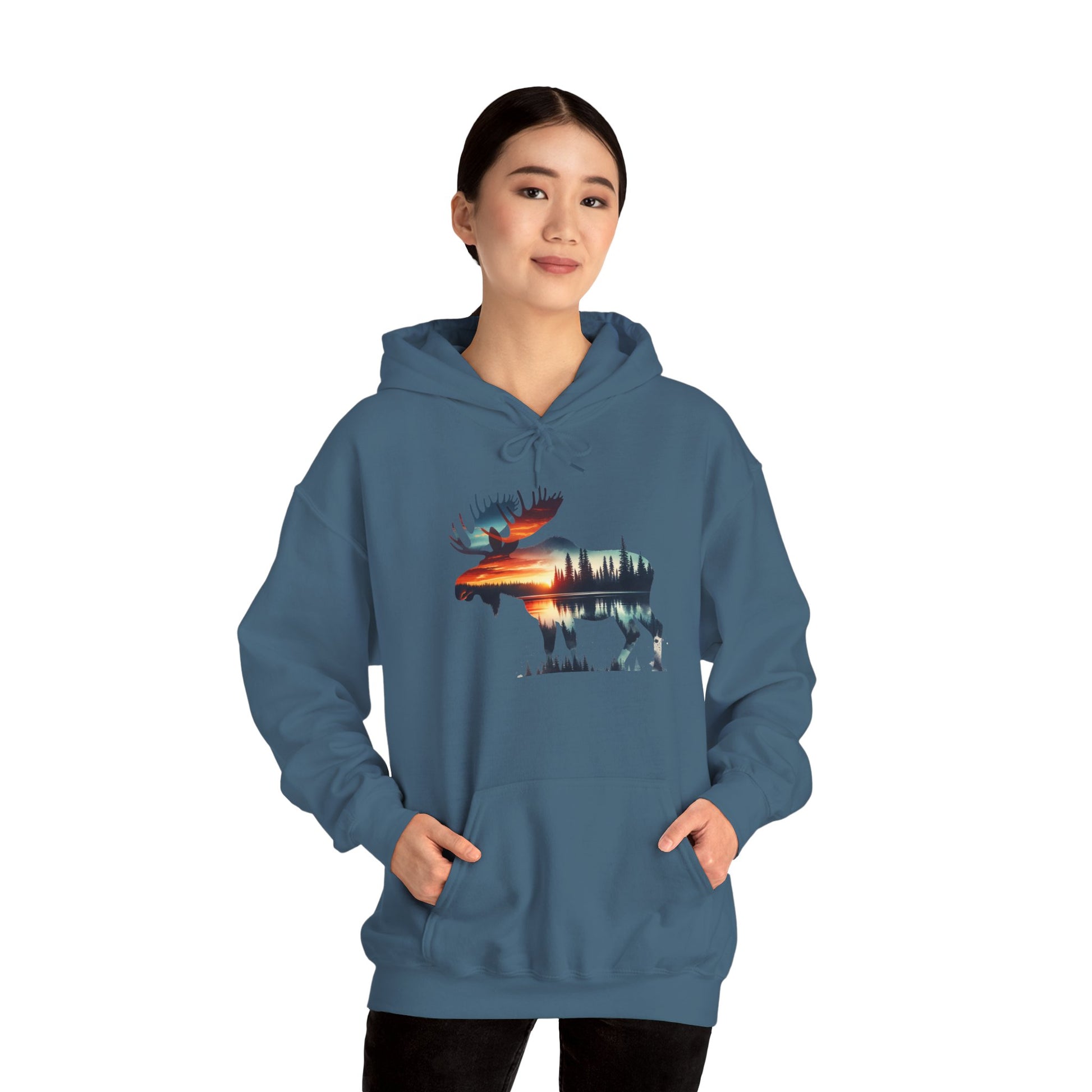 Sunset Wilderness Moose Hoodie – Nature’s Silhouette Adventure Wear