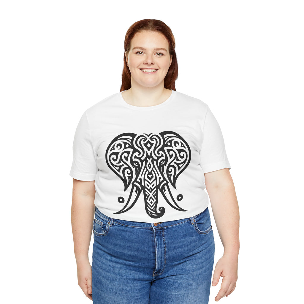 Tribal Elephant T-Shirt – Bold Black Tattoo Art on White Tee