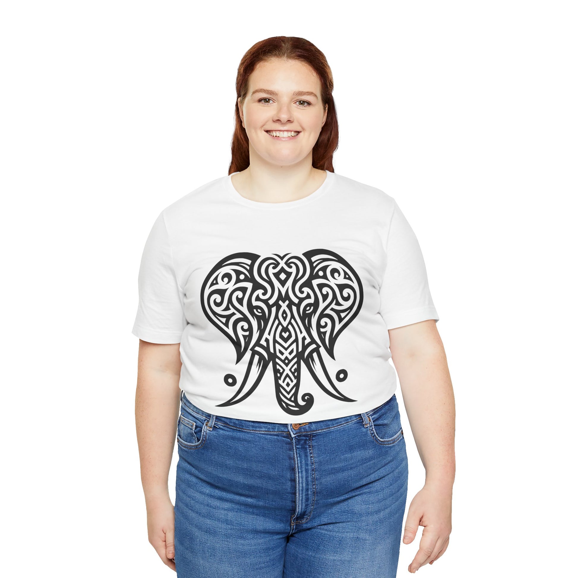 Tribal Elephant T-Shirt – Bold Black Tattoo Art on White Tee