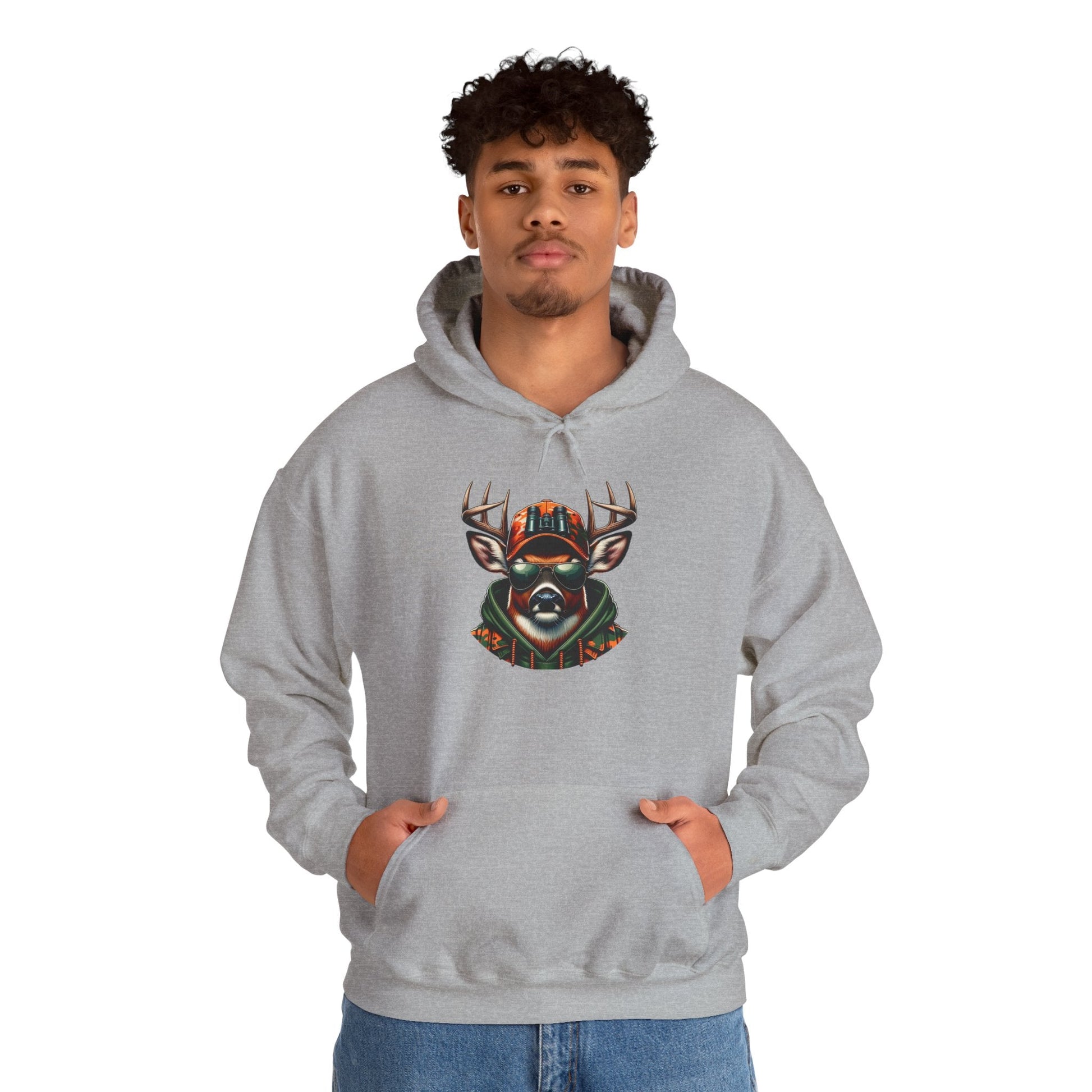 Unisex gray hooded sweatshirt featuring bold deer graphic and kangaroo pocket