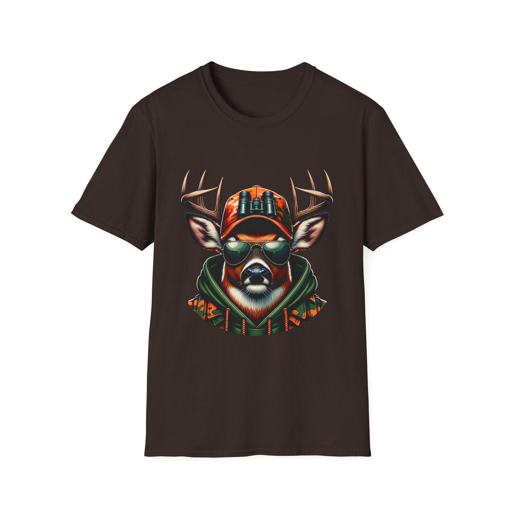 Black Hunting Enthusiast T-Shirt featuring cool deer wearing sunglasses and camouflage hoodie design.