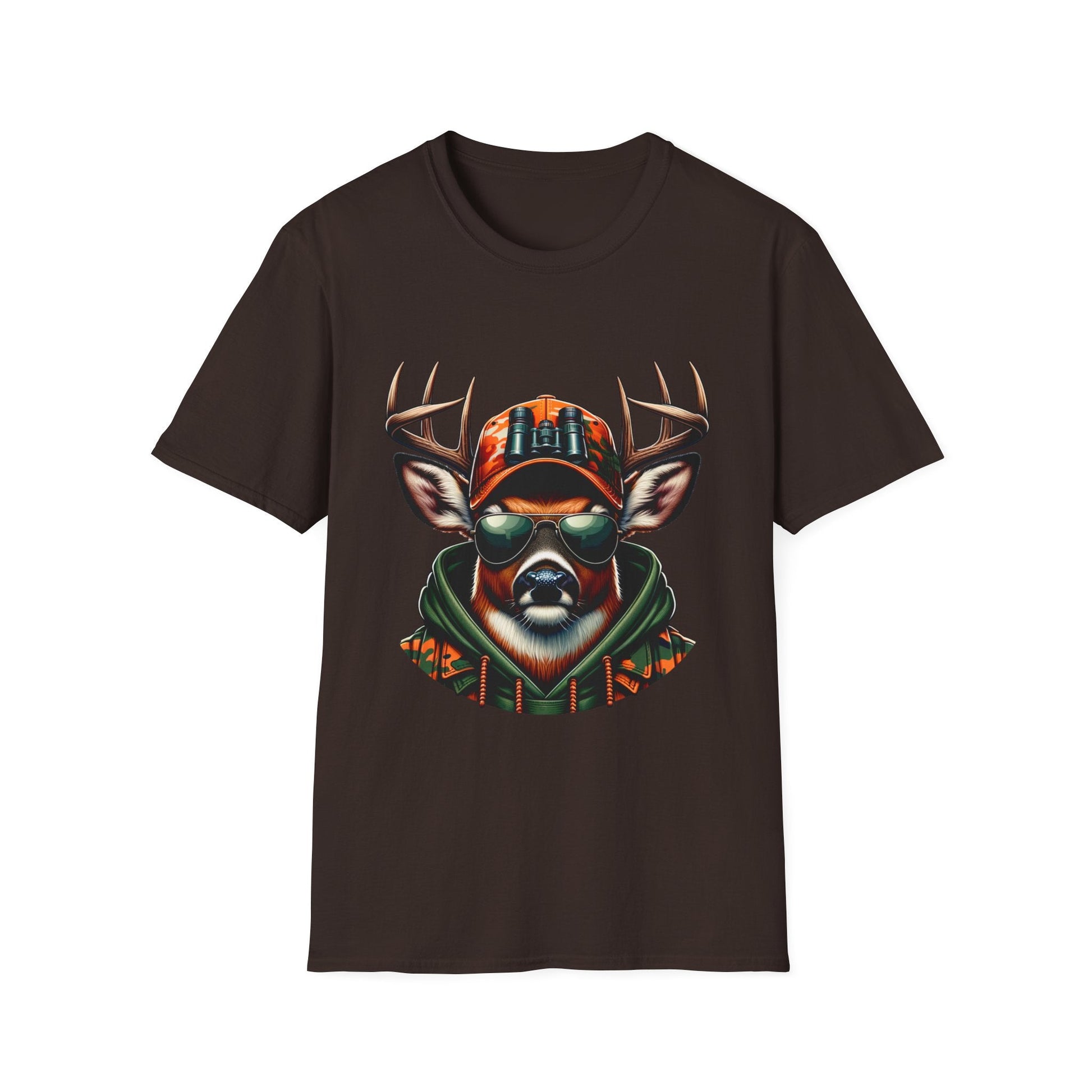 Black Hunting Enthusiast T-Shirt featuring cool deer wearing sunglasses and camouflage hoodie design.