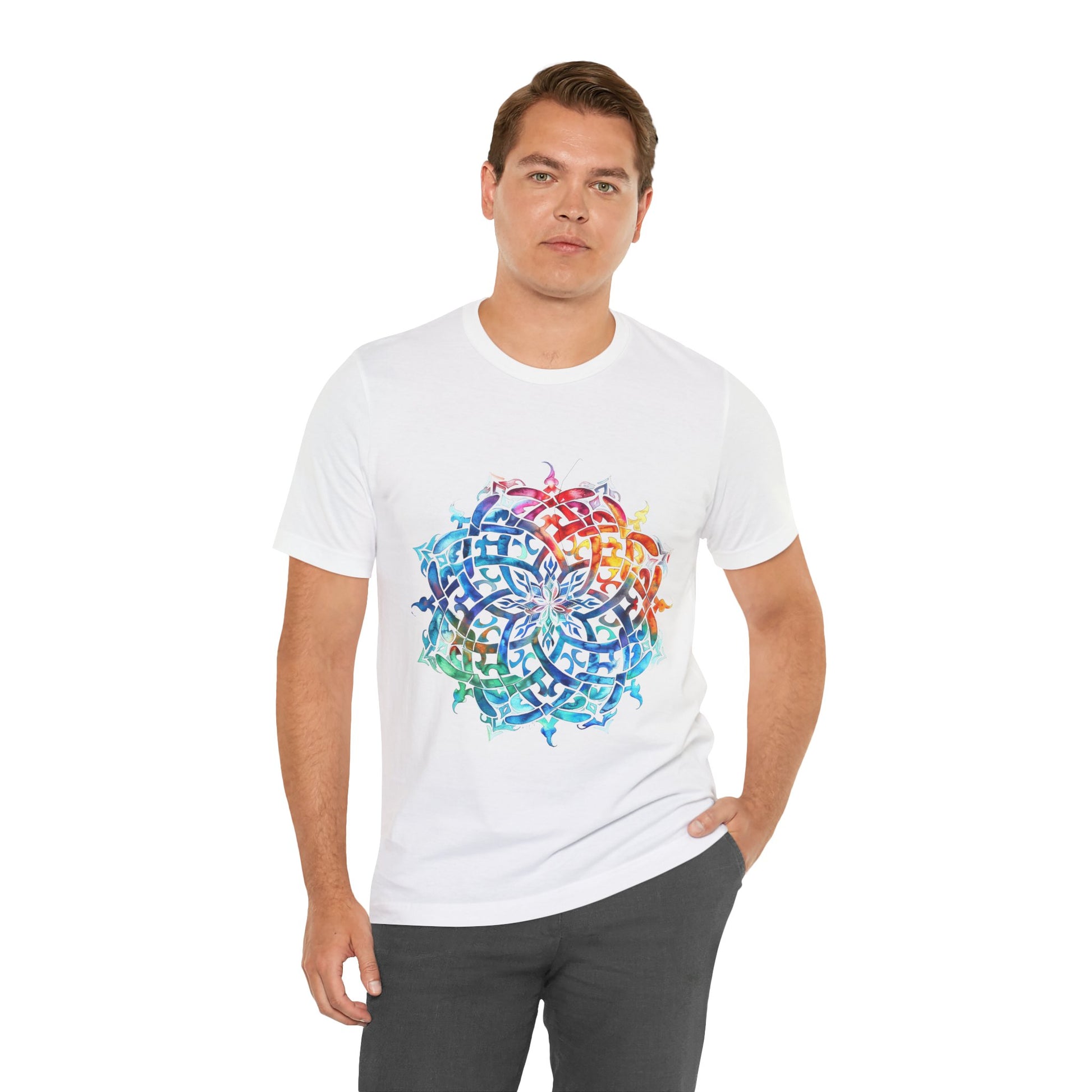 Artistic tee with a radiant rainbow mandala design, available in vibrant color options