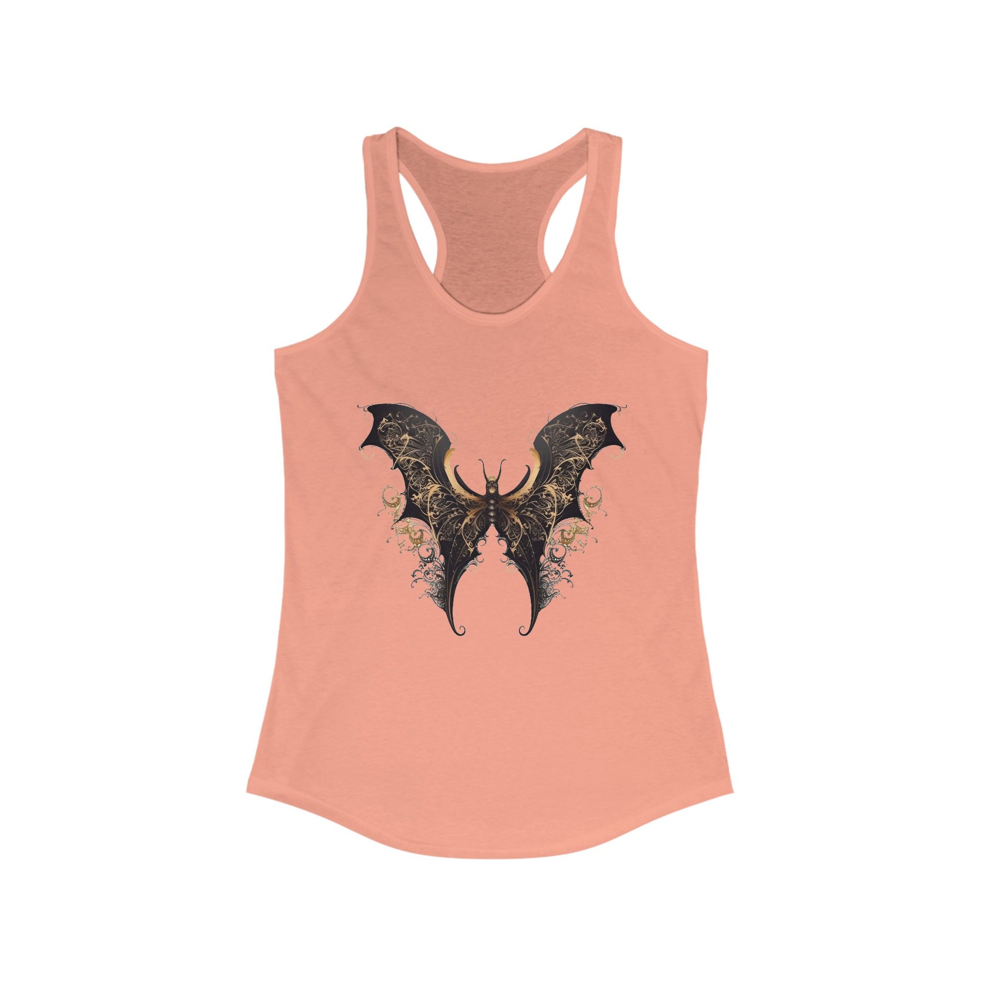 Racerback tank with an elegant black and gold bat-wing motif for daring boho style