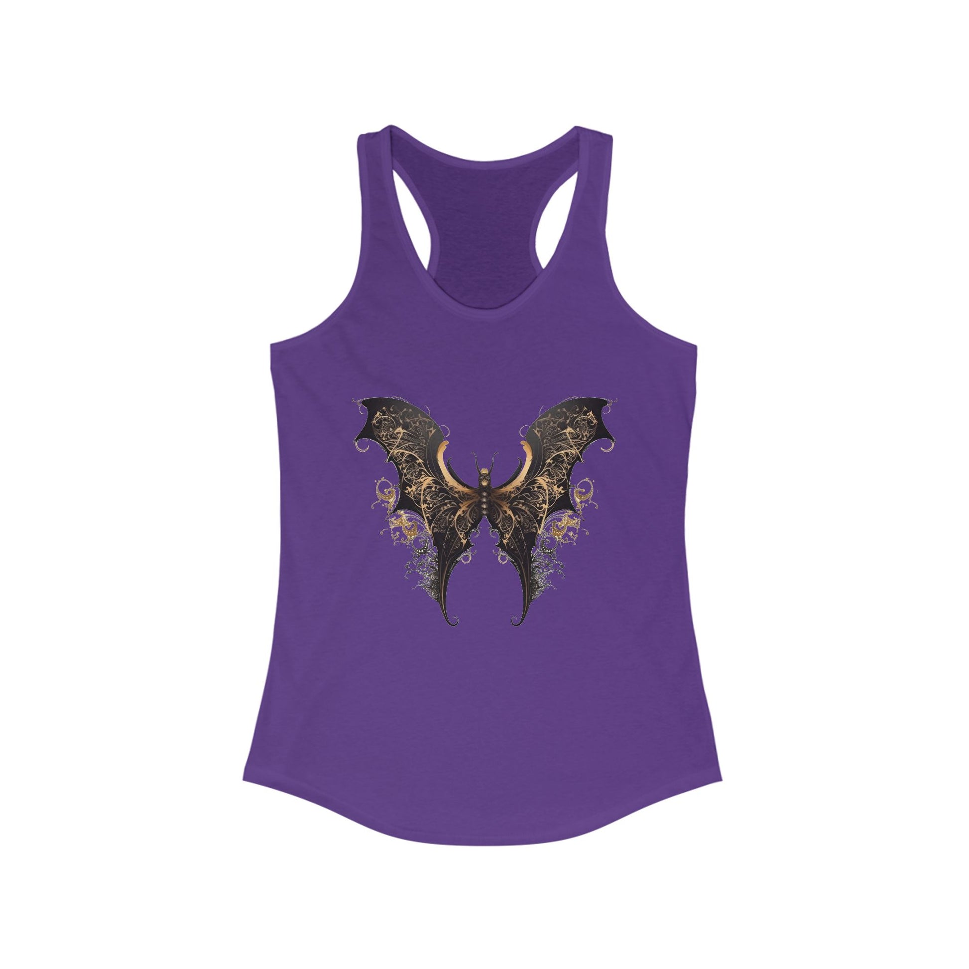 Racerback tank with an elegant black and gold bat-wing motif for daring boho style