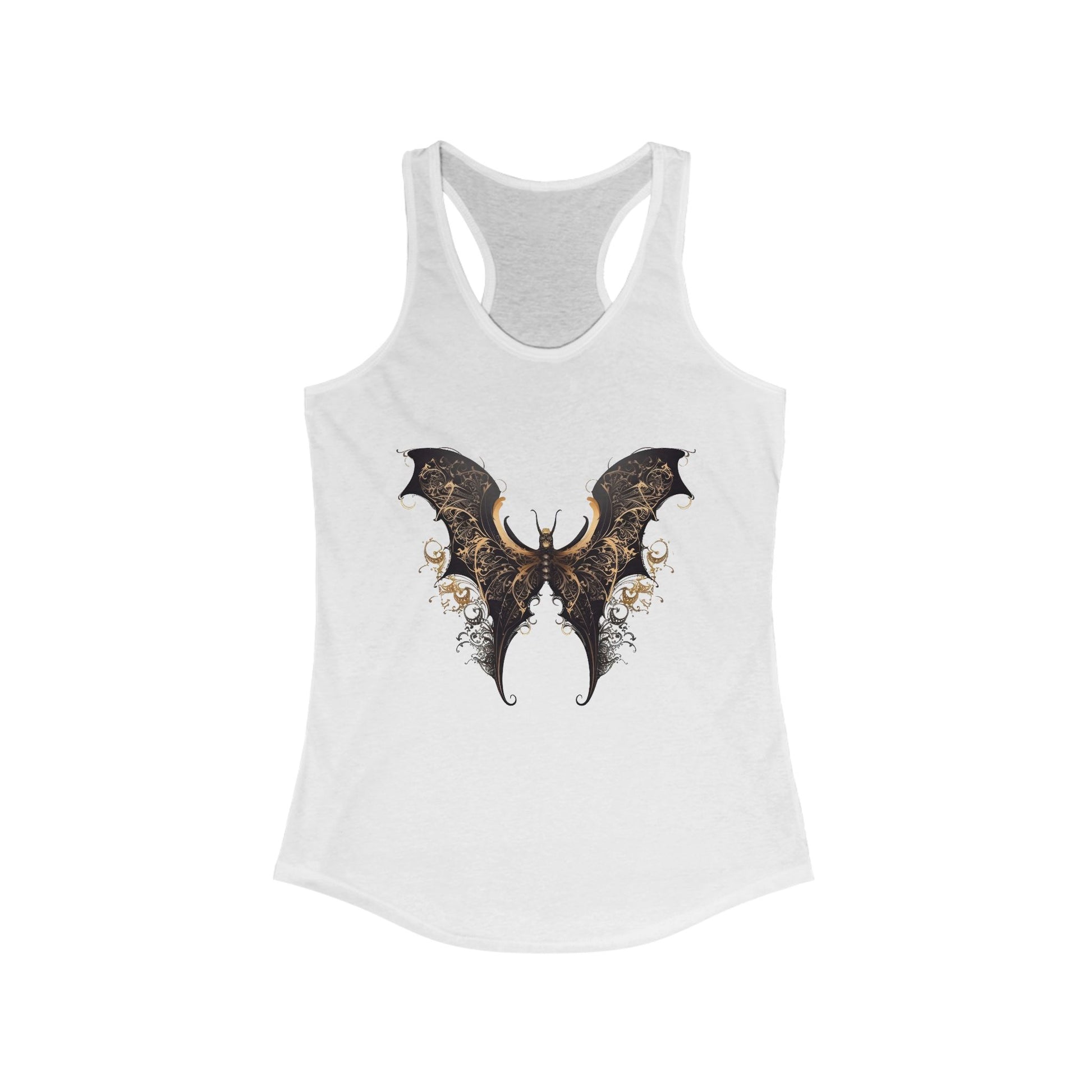 Racerback tank with an elegant black and gold bat-wing motif for daring boho style