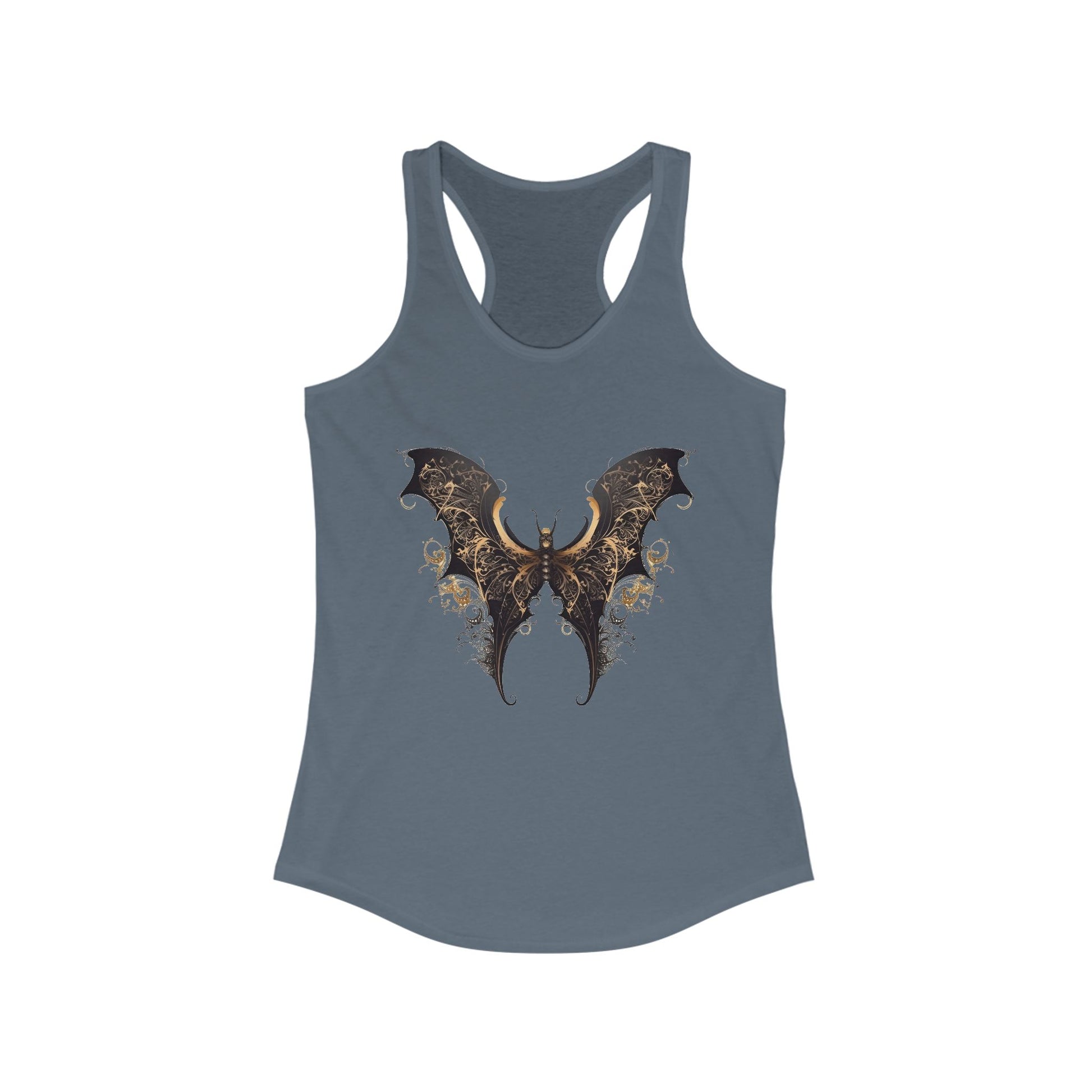 Racerback tank with an elegant black and gold bat-wing motif for daring boho style