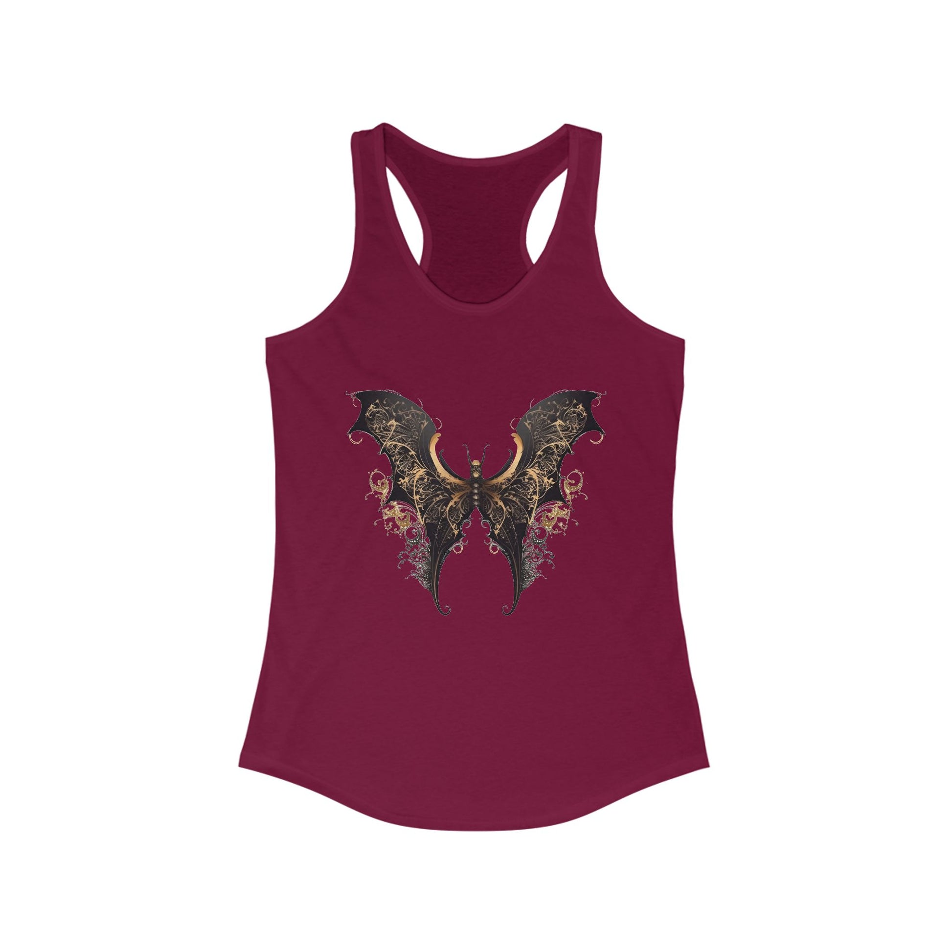 Racerback tank with an elegant black and gold bat-wing motif for daring boho style