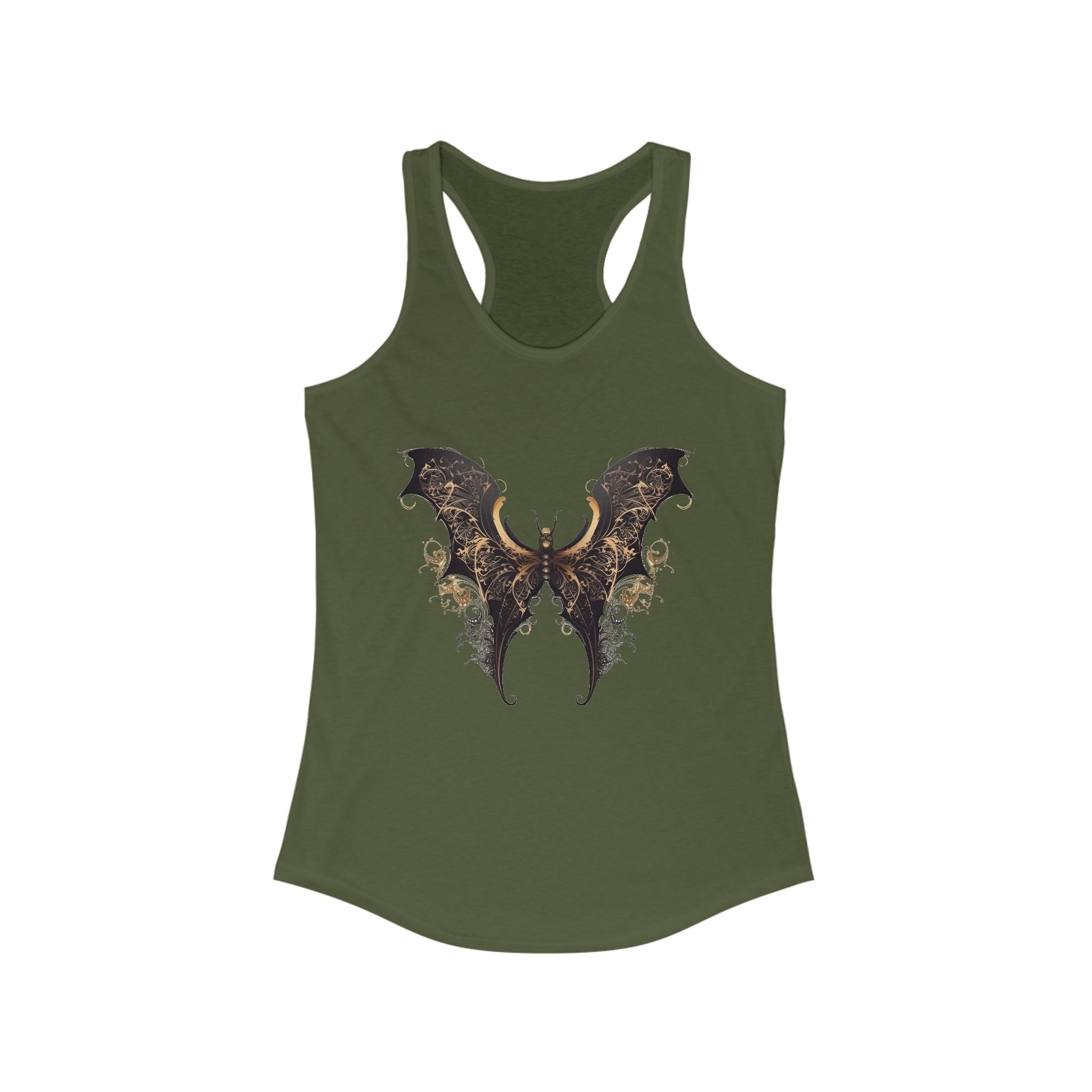 Racerback tank with an elegant black and gold bat-wing motif for daring boho style