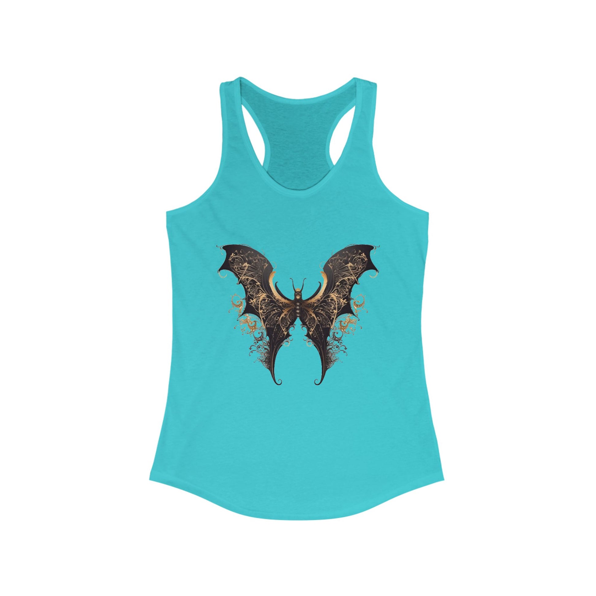 Racerback tank with an elegant black and gold bat-wing motif for daring boho style