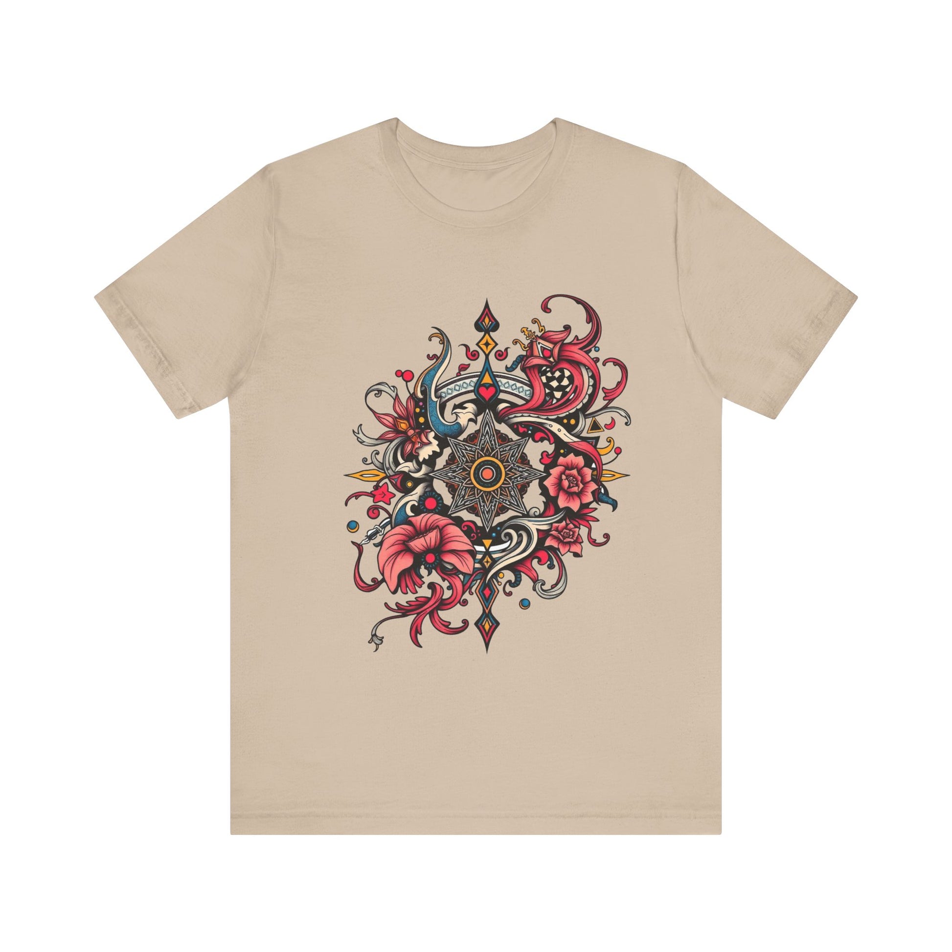 Vibrant tee with ornate red floral mandala design, offered in multiple bold color options