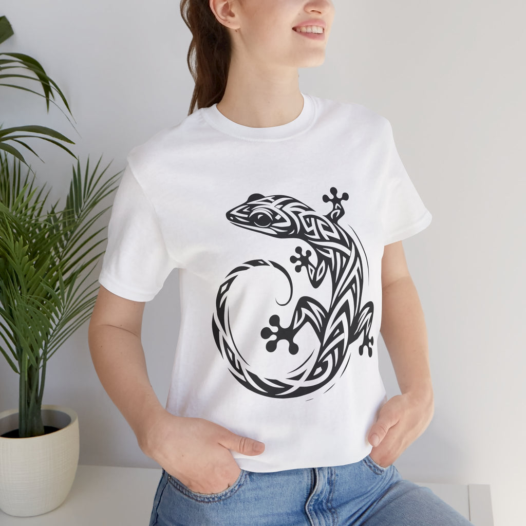 Tribal Gecko Tee – Bold Lizard Tattoo Art on Crisp White T-Shirt