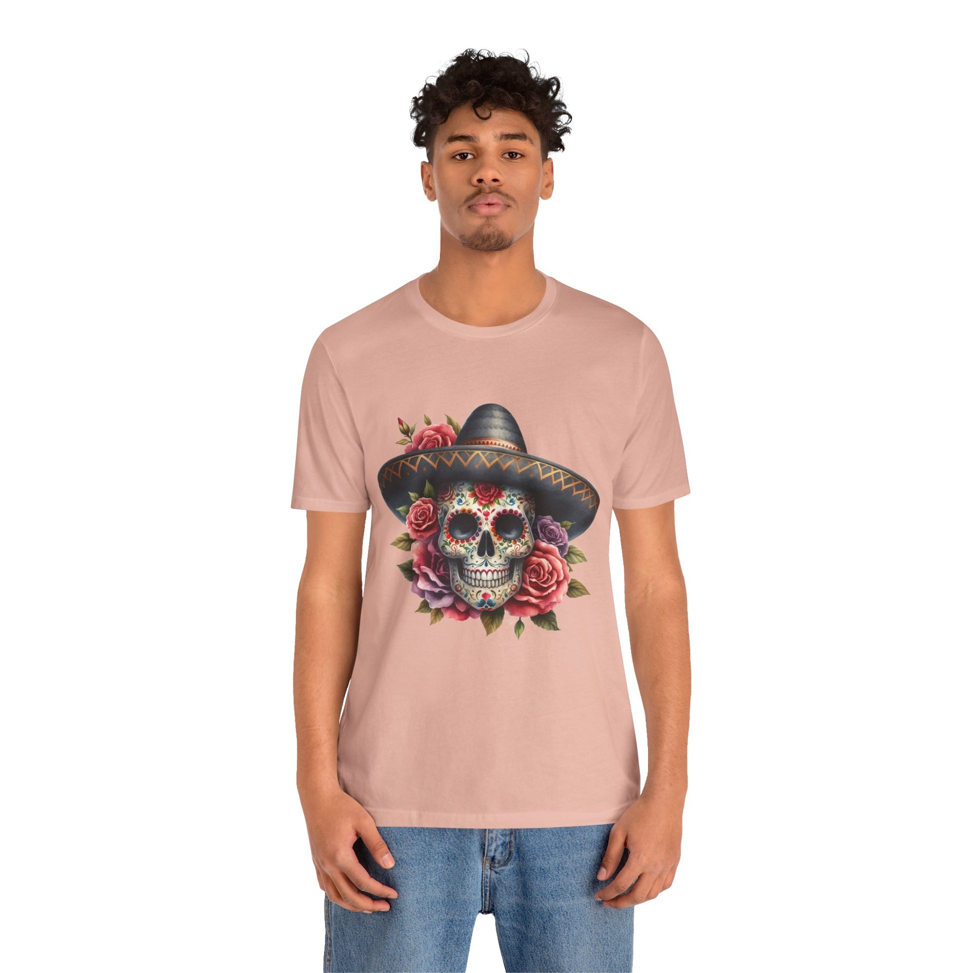 Colorful tee featuring a sugar skull in sombrero and roses for vibrant fiesta vibes