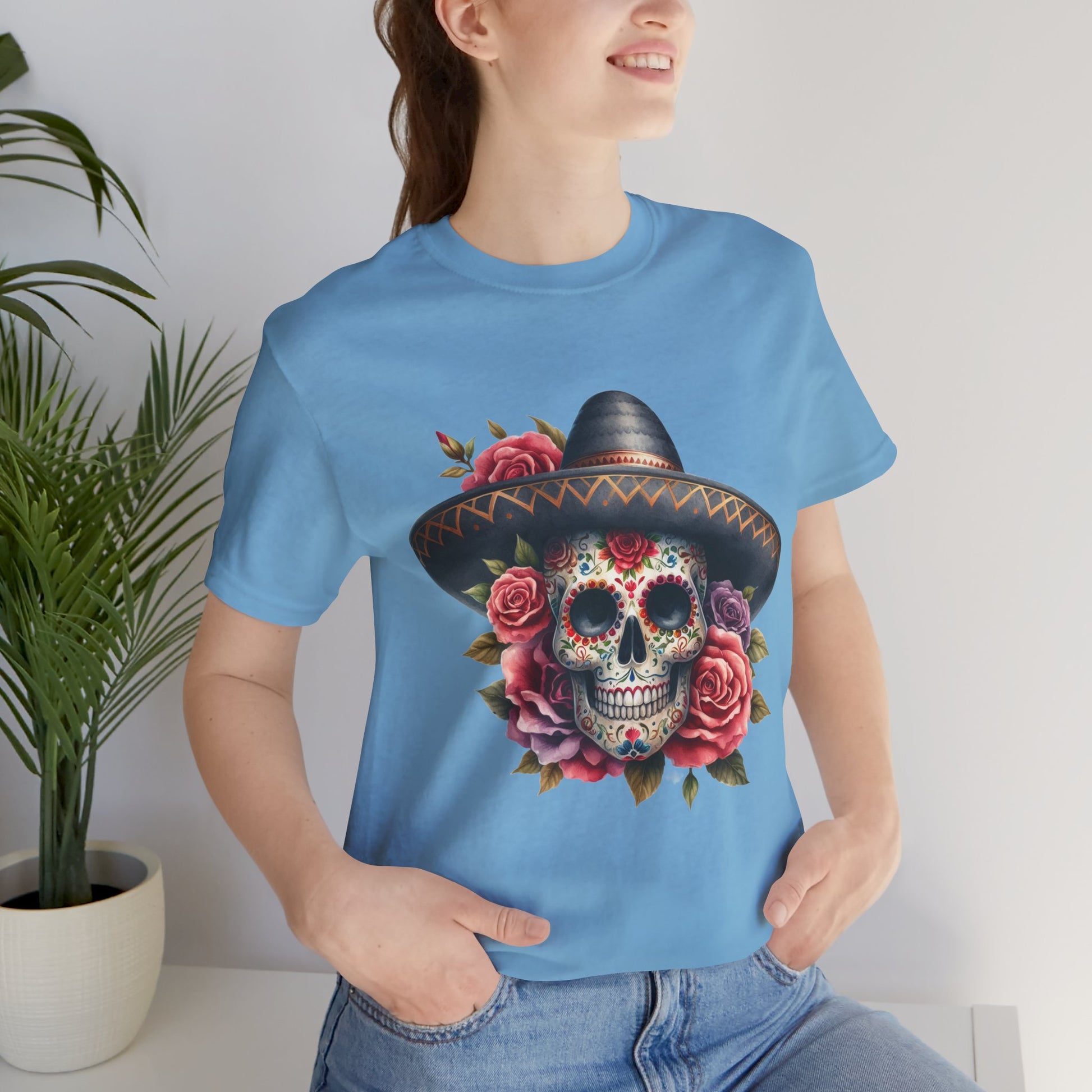 Colorful tee featuring a sugar skull in sombrero and roses for vibrant fiesta vibes