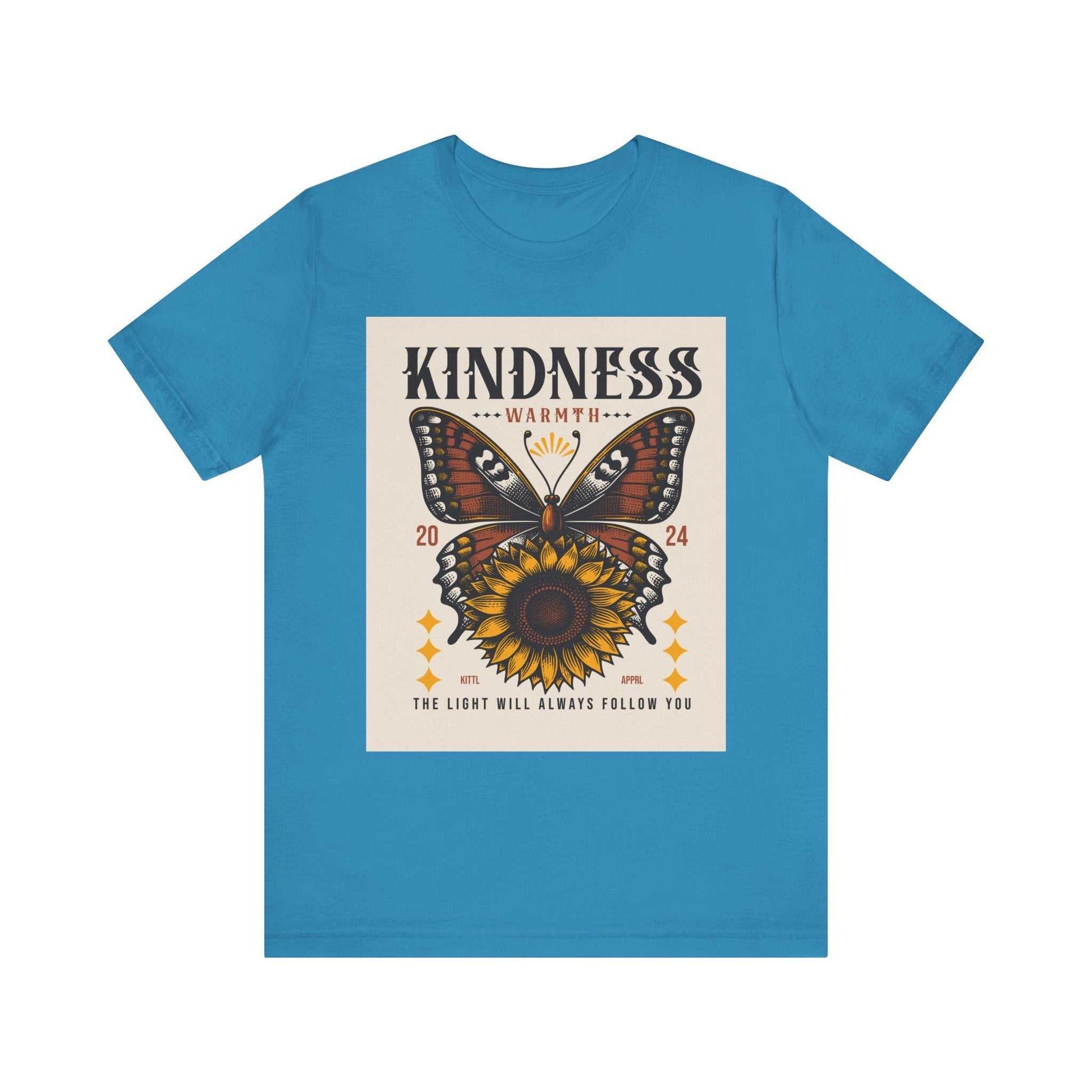 Blue Kindness Butterfly Tee with butterfly and sunflower graphic and inspirational text design