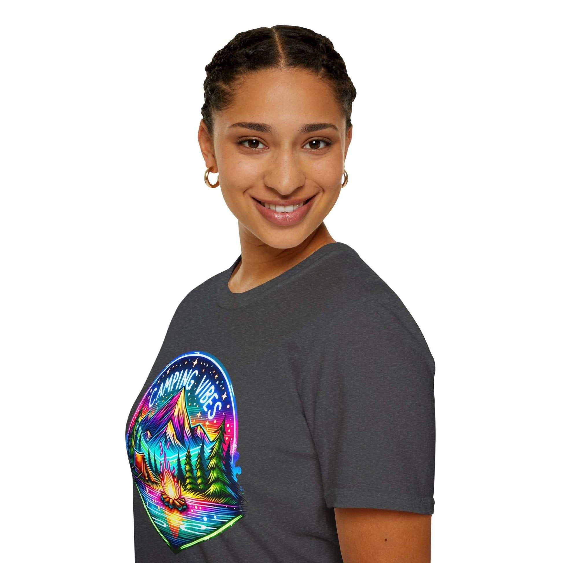 Unisex softstyle t-shirt with colorful camping vibes graphic design on charcoal fabric
