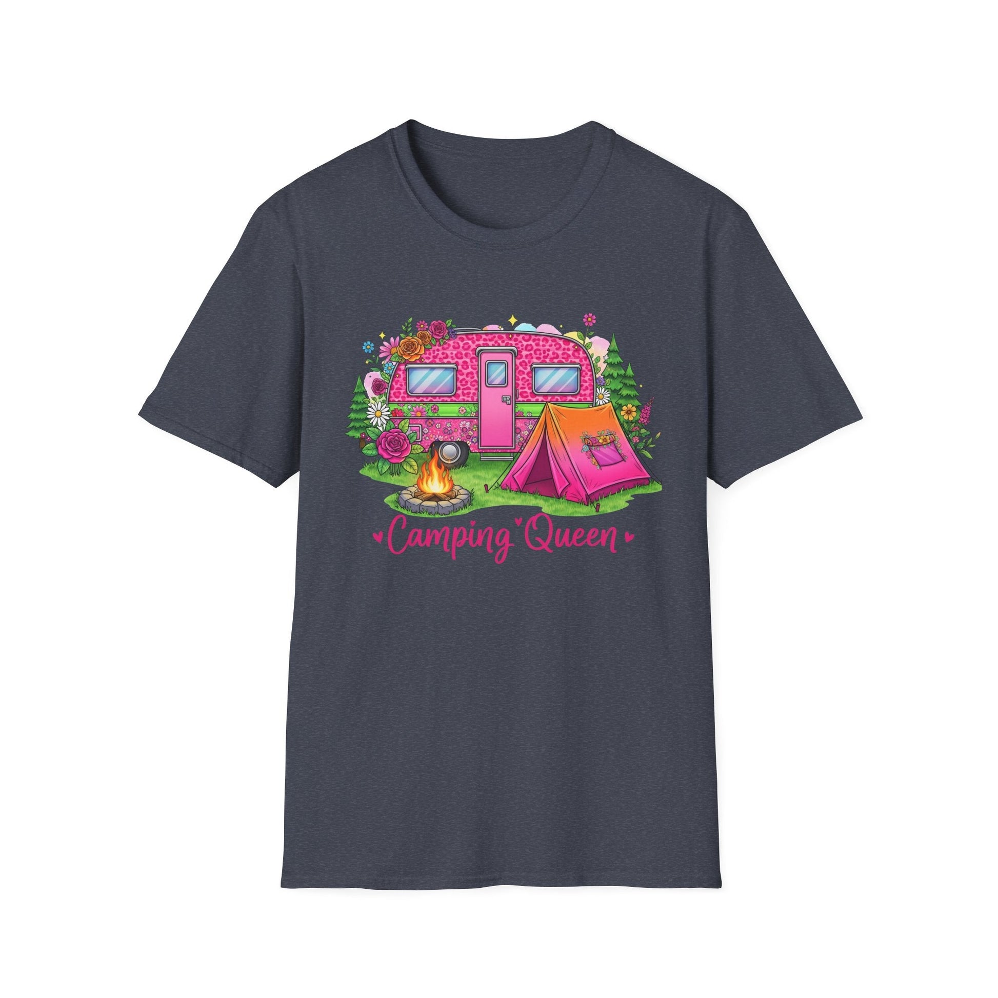 Camping Queen T-Shirt with colorful pink camper, tent, campfire, and floral design on dark fabric