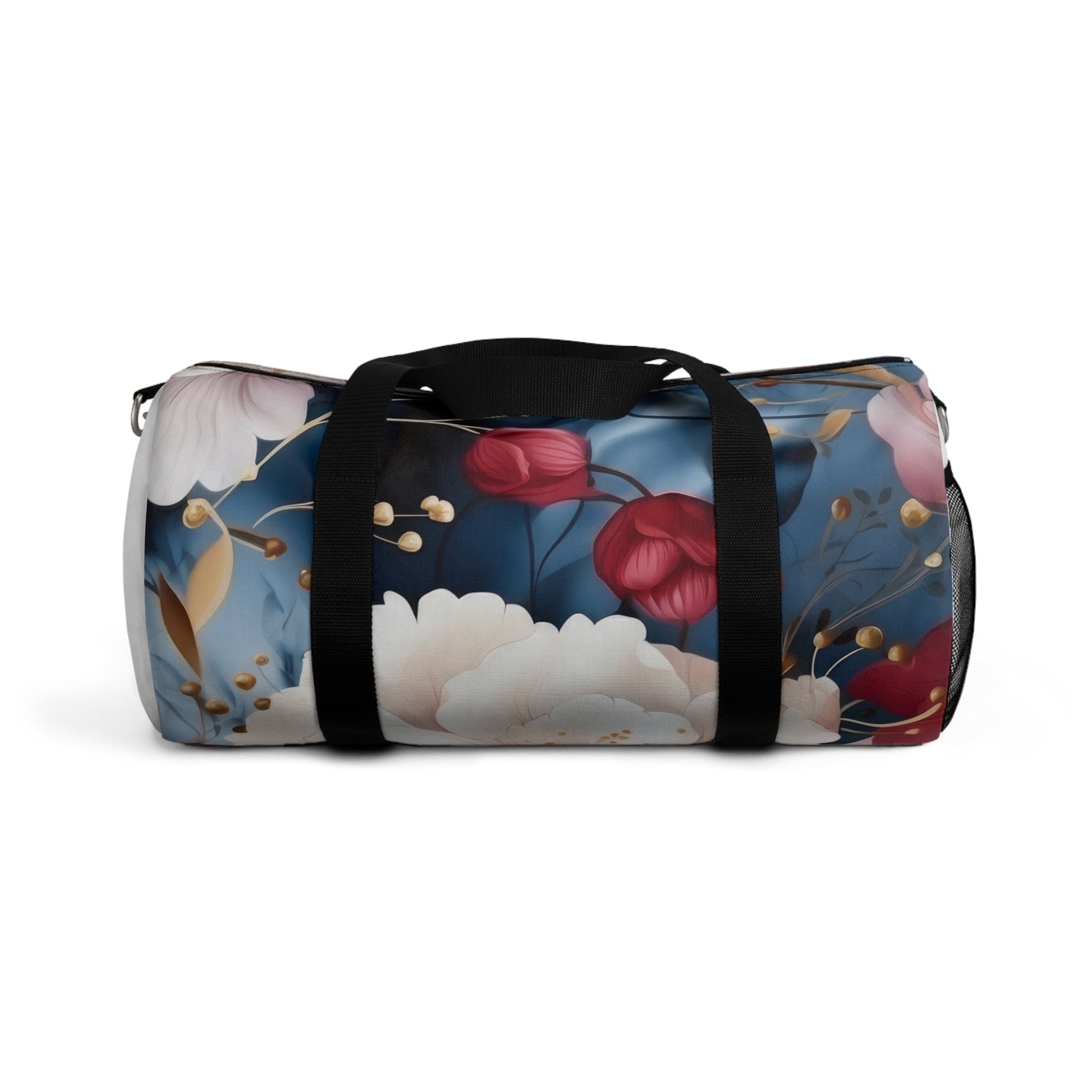 Small floral duffel bag with vibrant flower design, black straps, and durable zipper for travel and gym use