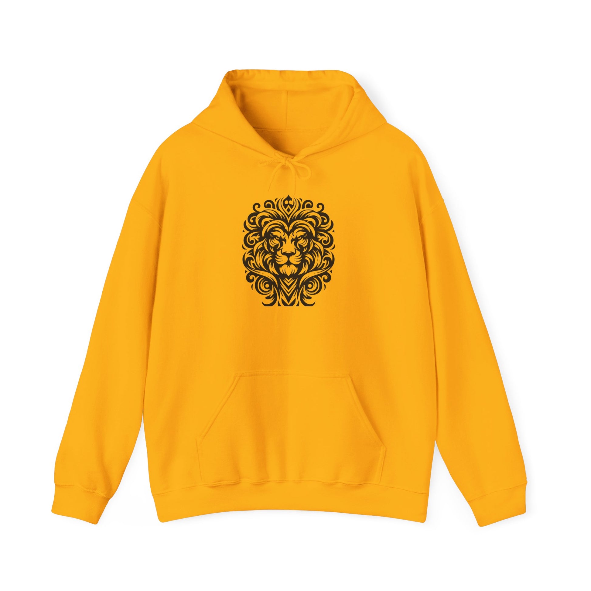 Majestic Tribal Lion Hoodie – Bold Strength in Black Ink Art
