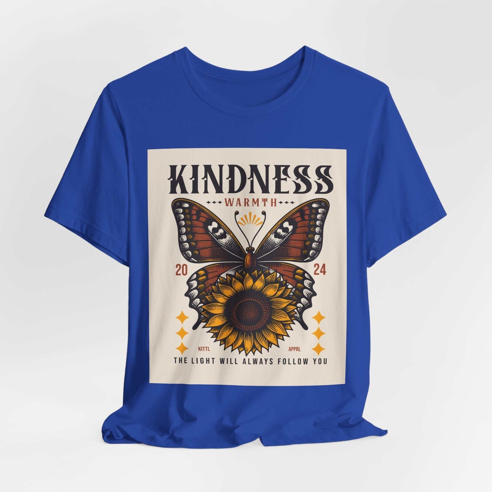 Blue Kindness Butterfly Tee with sunflower and butterfly graphic and inspirational text design