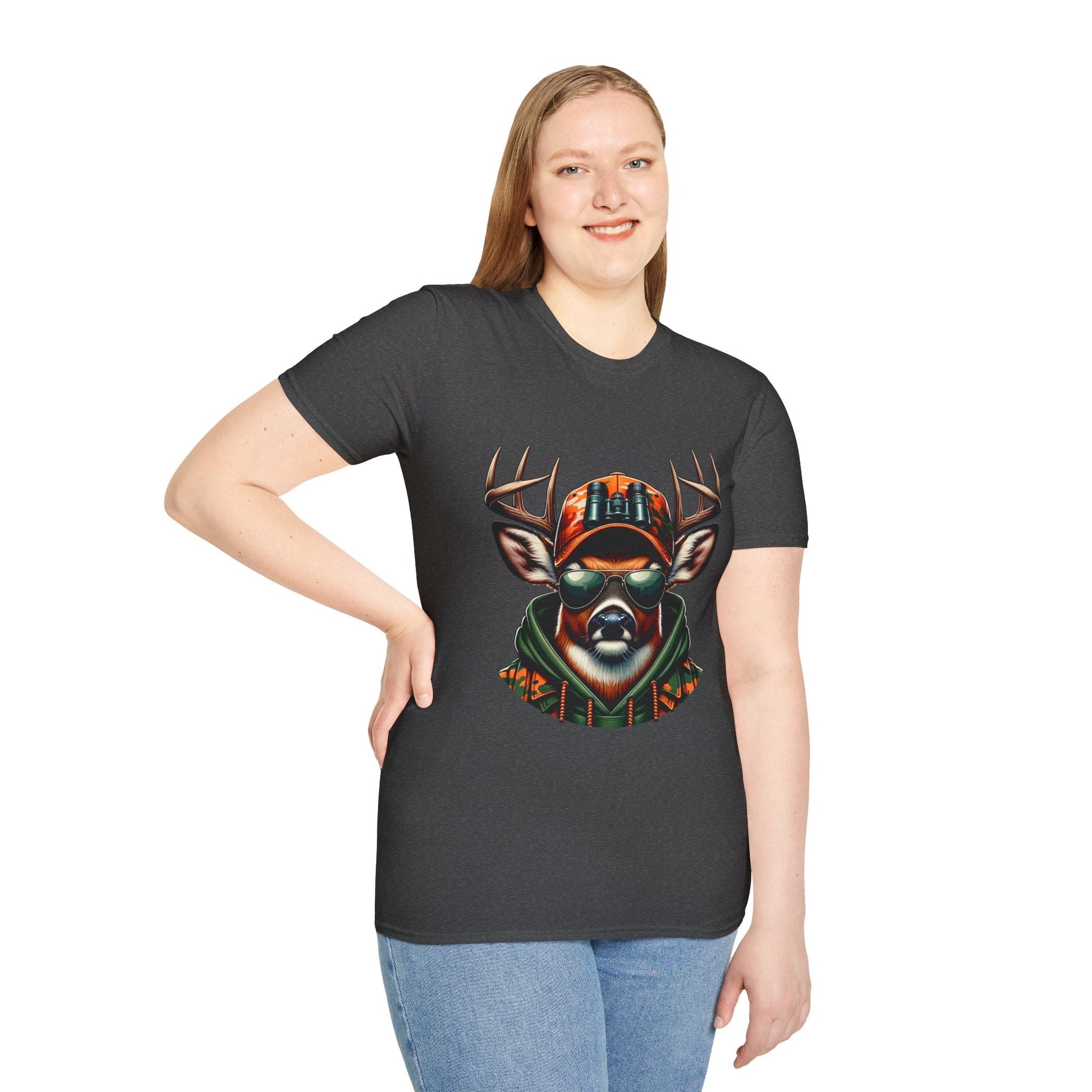 Woman wearing black Hunting Enthusiast T-Shirt with deer graphic design and sunglasses