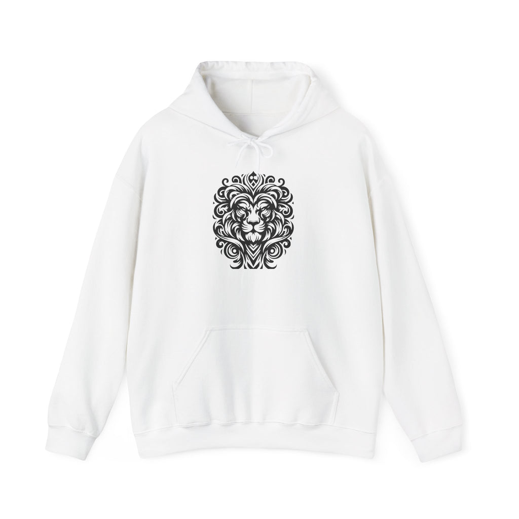 Majestic Tribal Lion Hoodie – Bold Strength in Black Ink Art