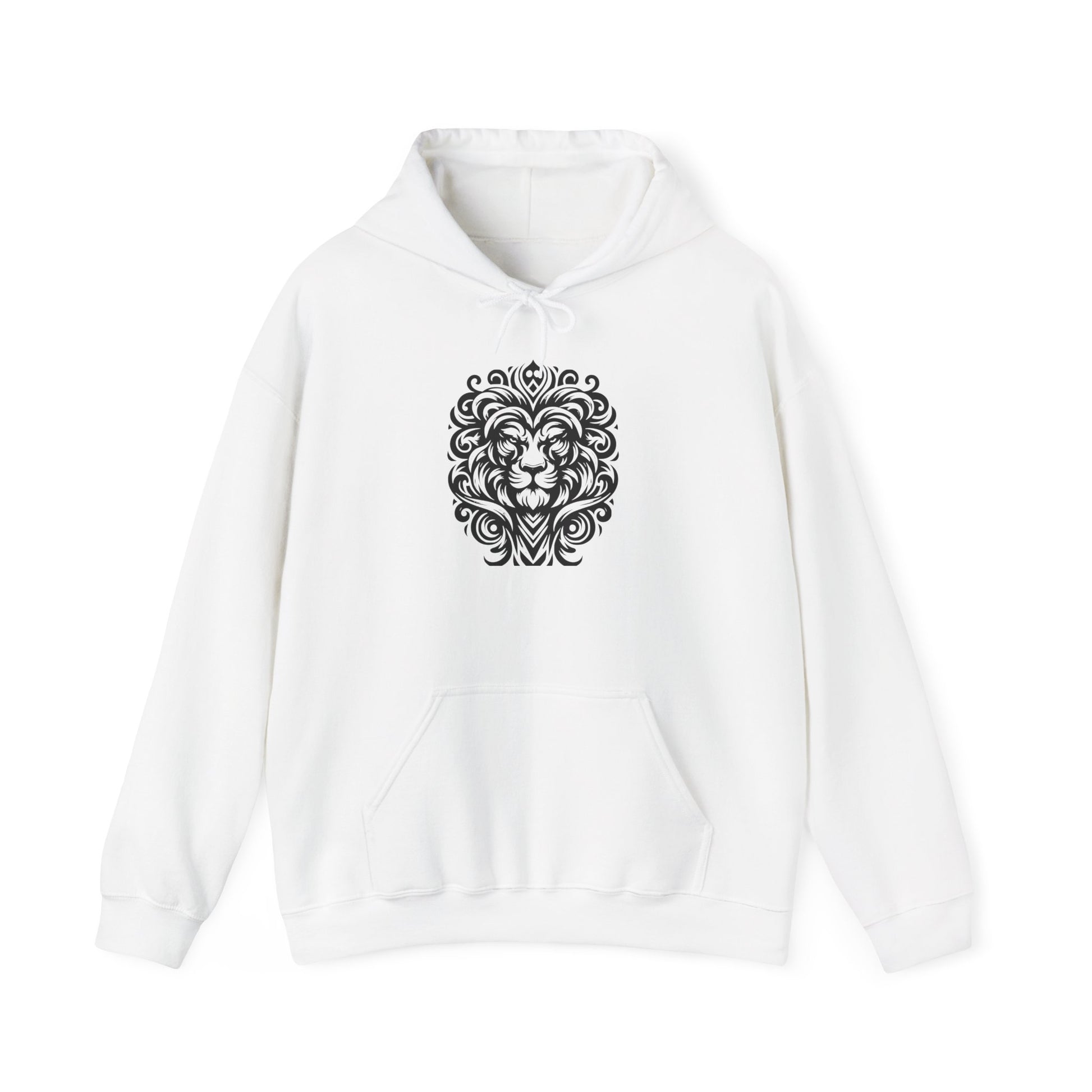 Majestic Tribal Lion Hoodie – Bold Strength in Black Ink Art