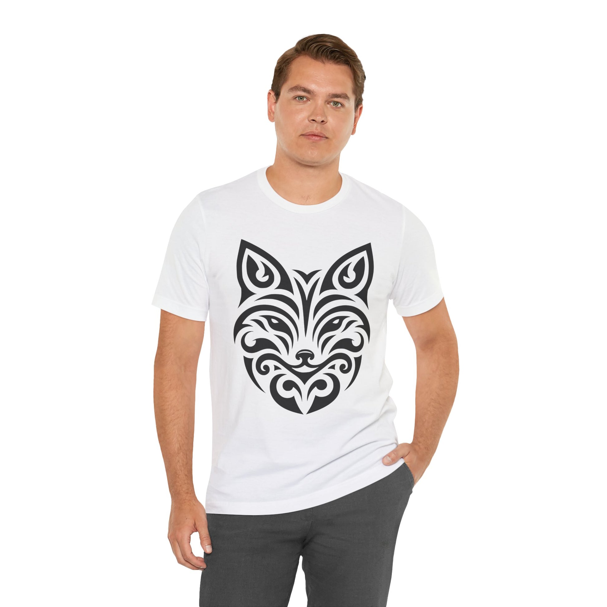 Sleek tee with a bold black tribal fox design, offered in multiple color choices