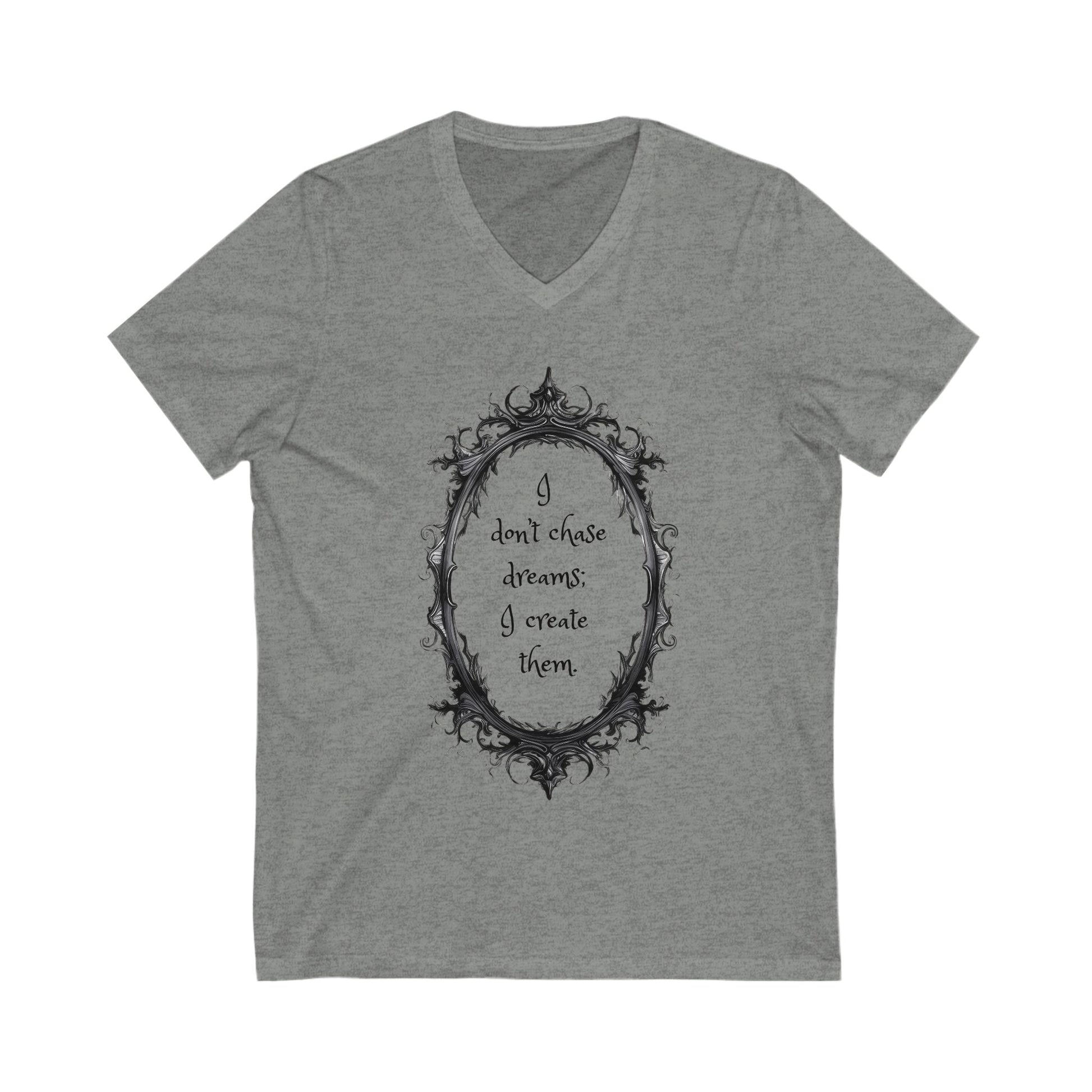 Heather gray unisex V-neck tee with a motivational quote framed by ornate black design.