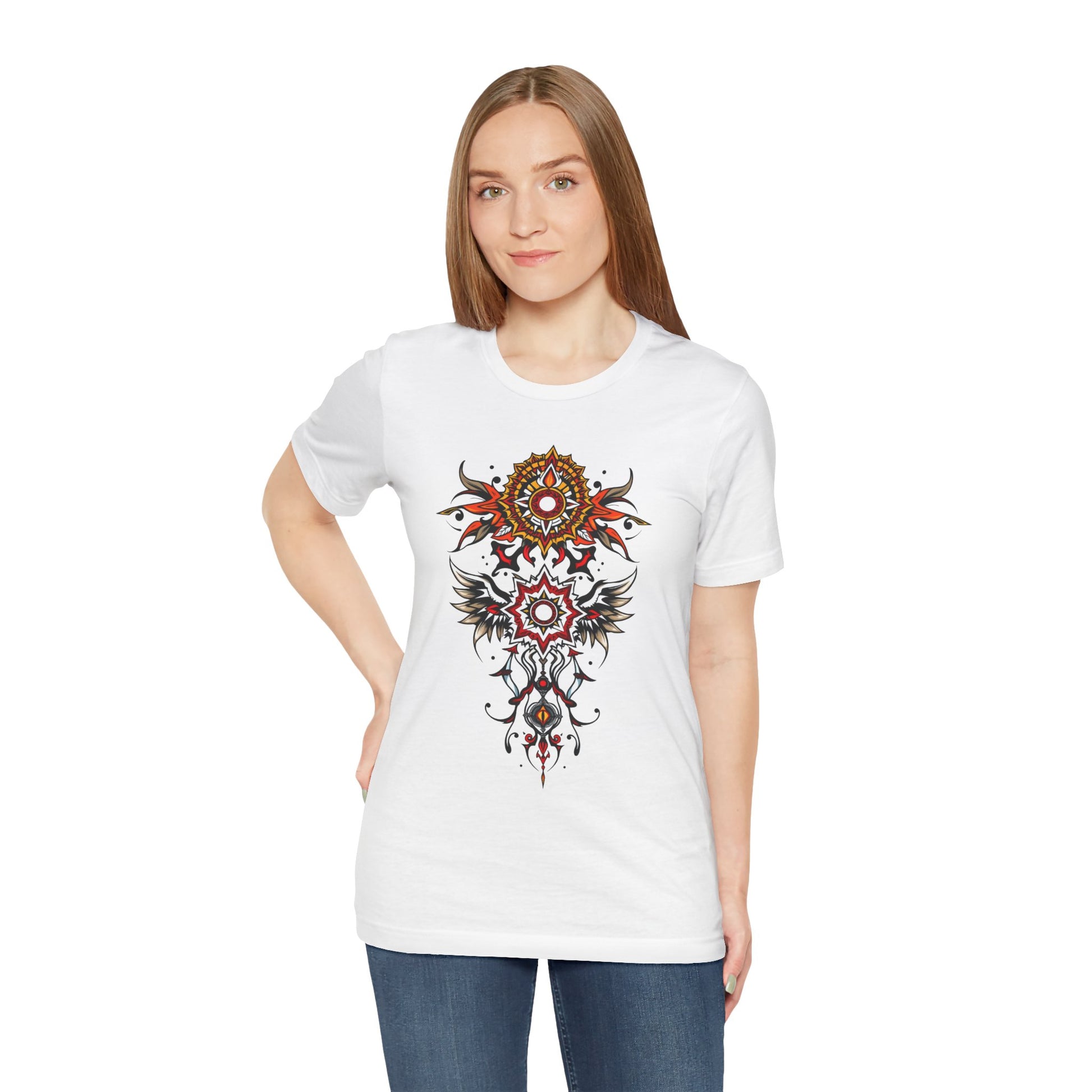 Turn heads in this tee, available in vibrant colors, showcasing a fiery red and gold tribal mandala for bold, artistic style