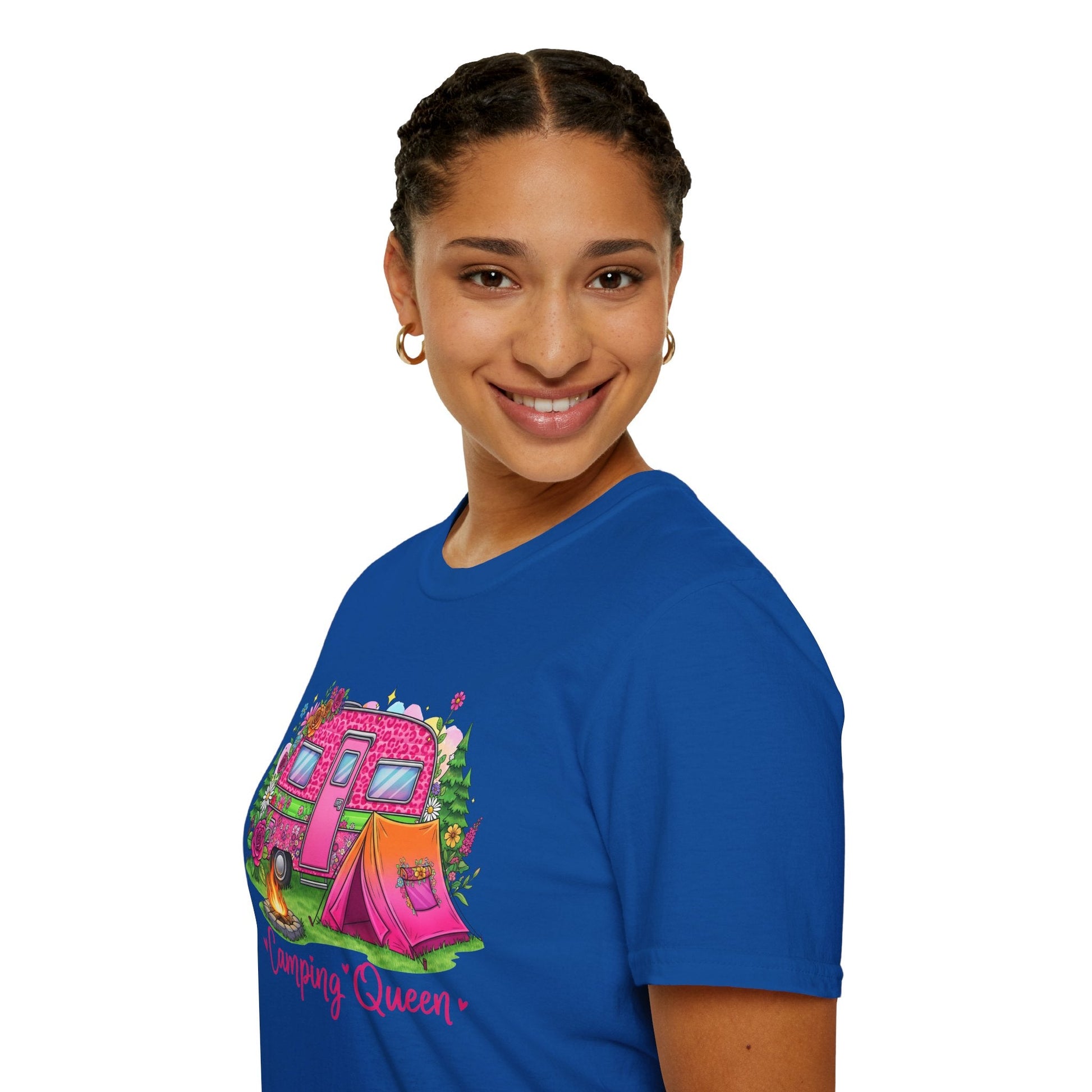 Woman wearing a blue Camping Queen T-Shirt with a colorful pink camper and tent design