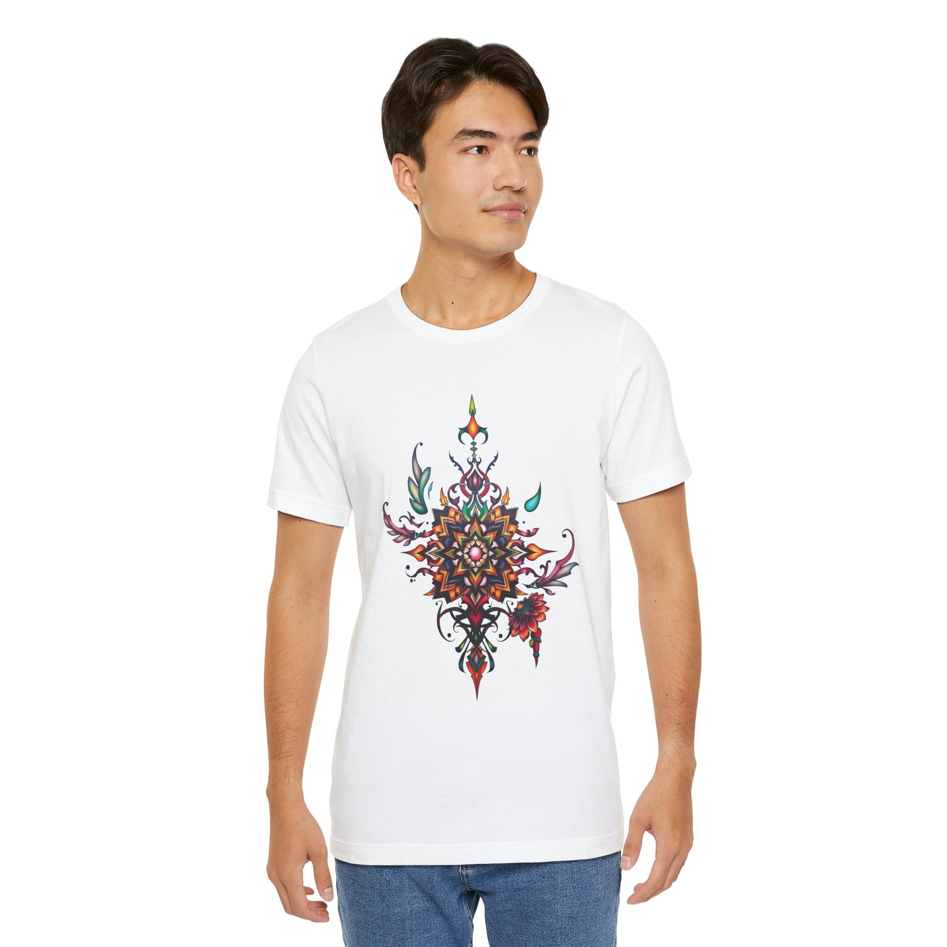 Colorful tee with an ornate mandala and floral design, available in vibrant color options