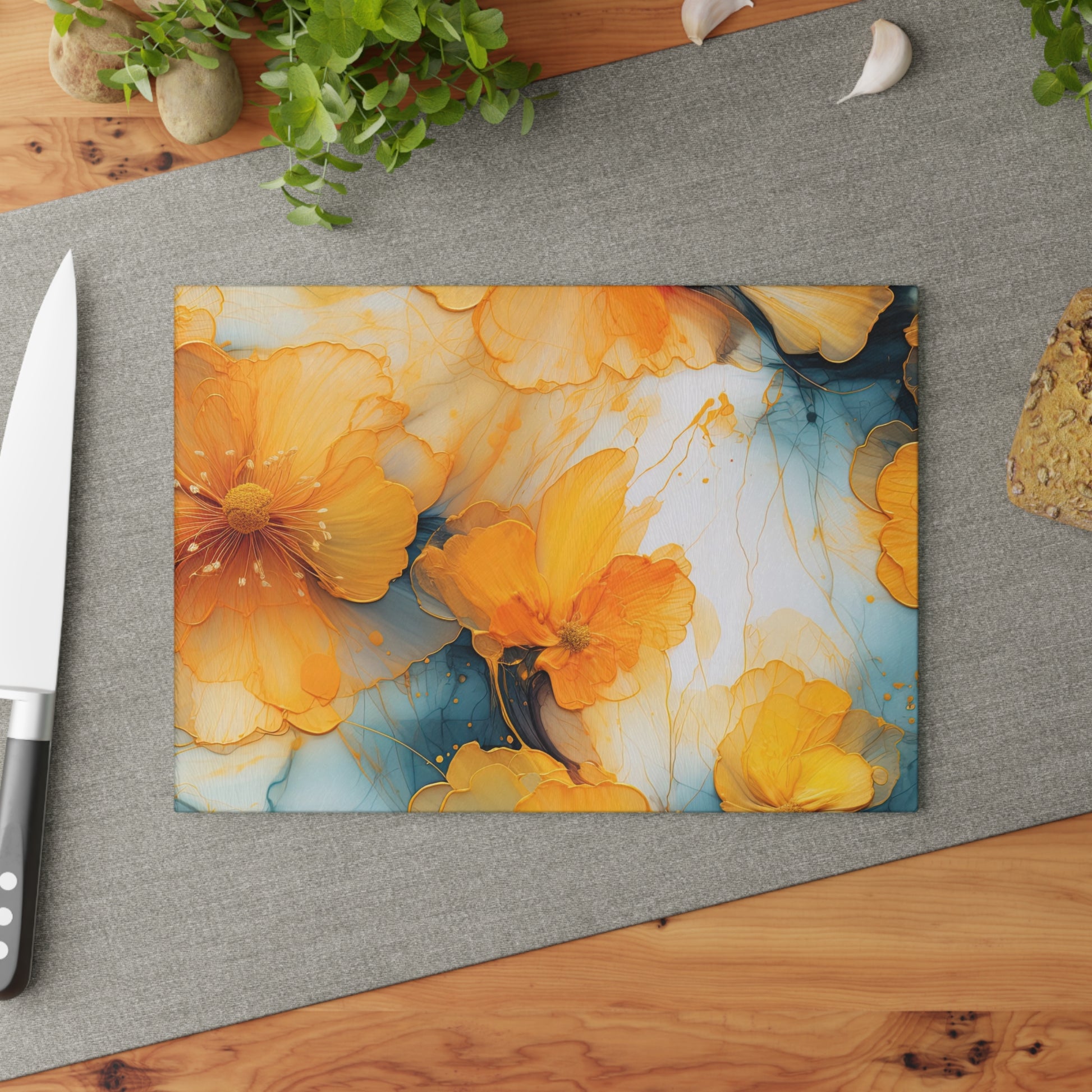 Vibrant Yellow Floral Glass Cutting Board with Blue Accents