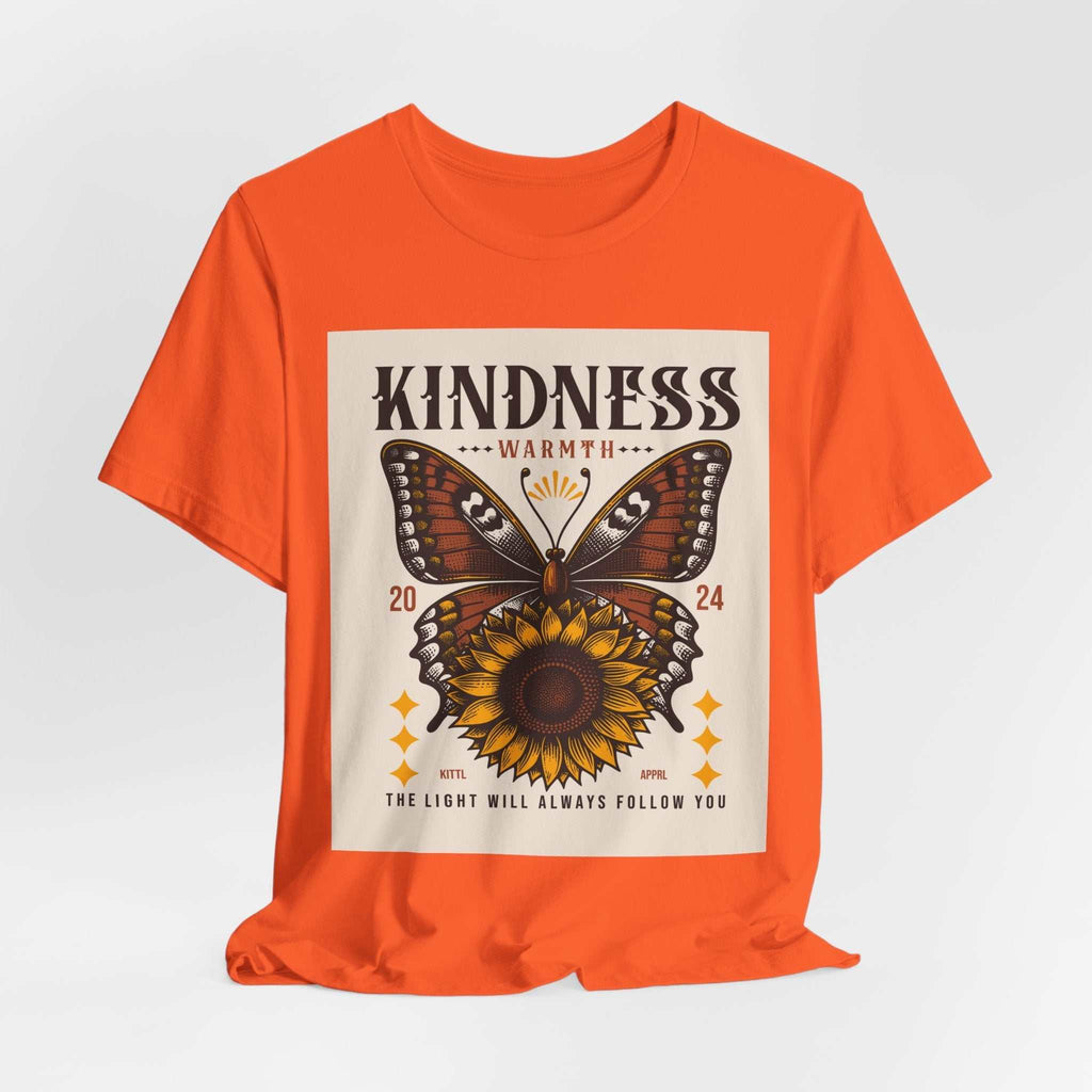 Orange Kindness Butterfly Tee with sunflower and butterfly graphic design and positive message.