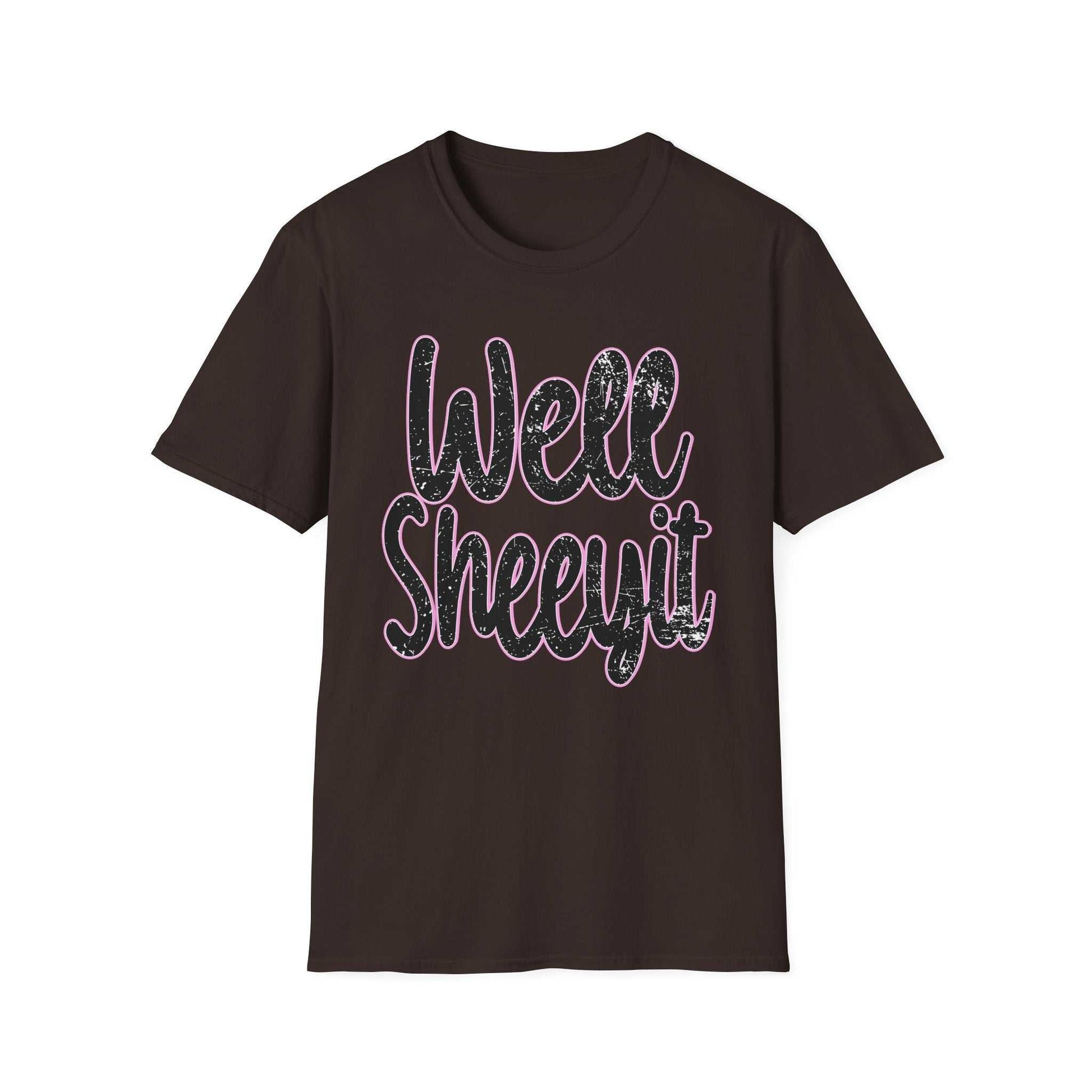 Black casual statement tee with "Well Sheeyit" funny quote in textured pink and white lettering