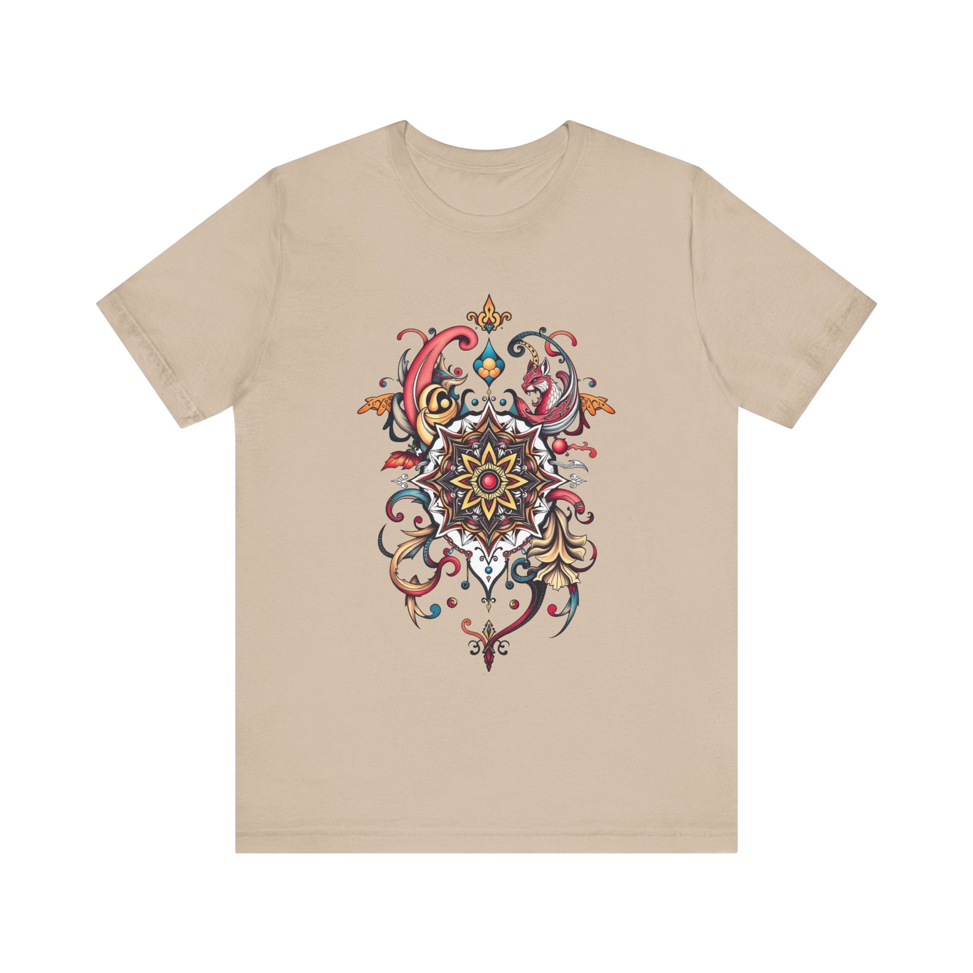 Vibrant tee with swirling mandala in reds, golds, and teal, available in many colors