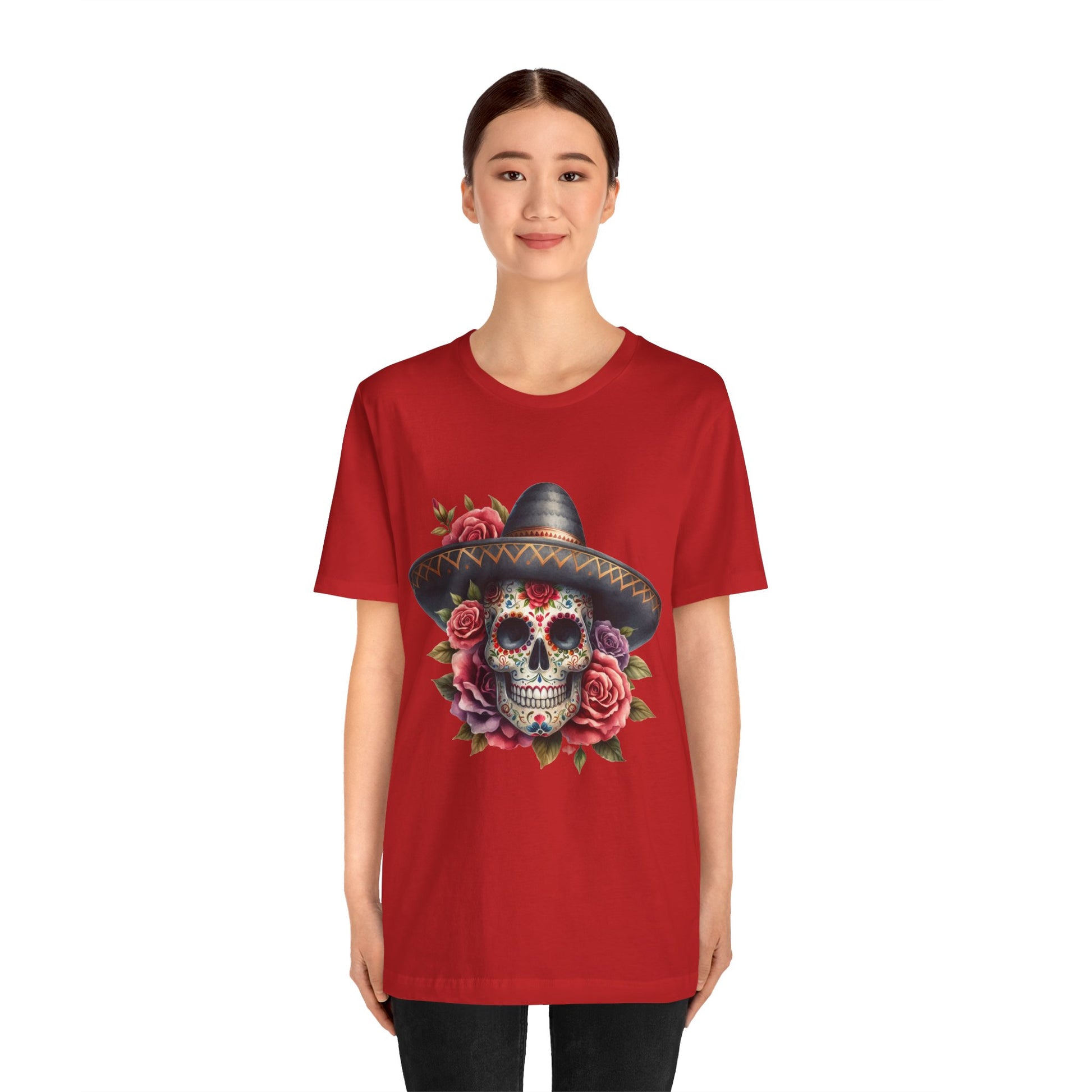 Colorful tee featuring a sugar skull in sombrero and roses for vibrant fiesta vibes