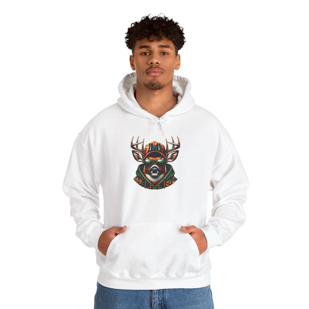 White hooded sweatshirt featuring a bold deer design on the front, worn by a man.
