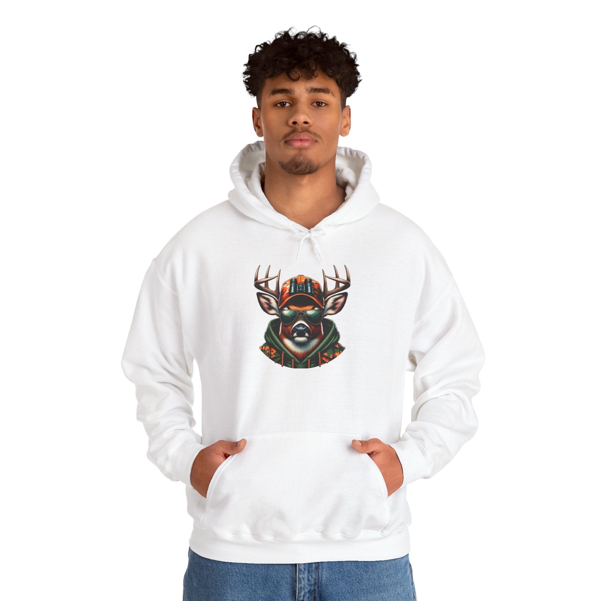 White hooded sweatshirt featuring a bold deer design on the front, worn by a man.