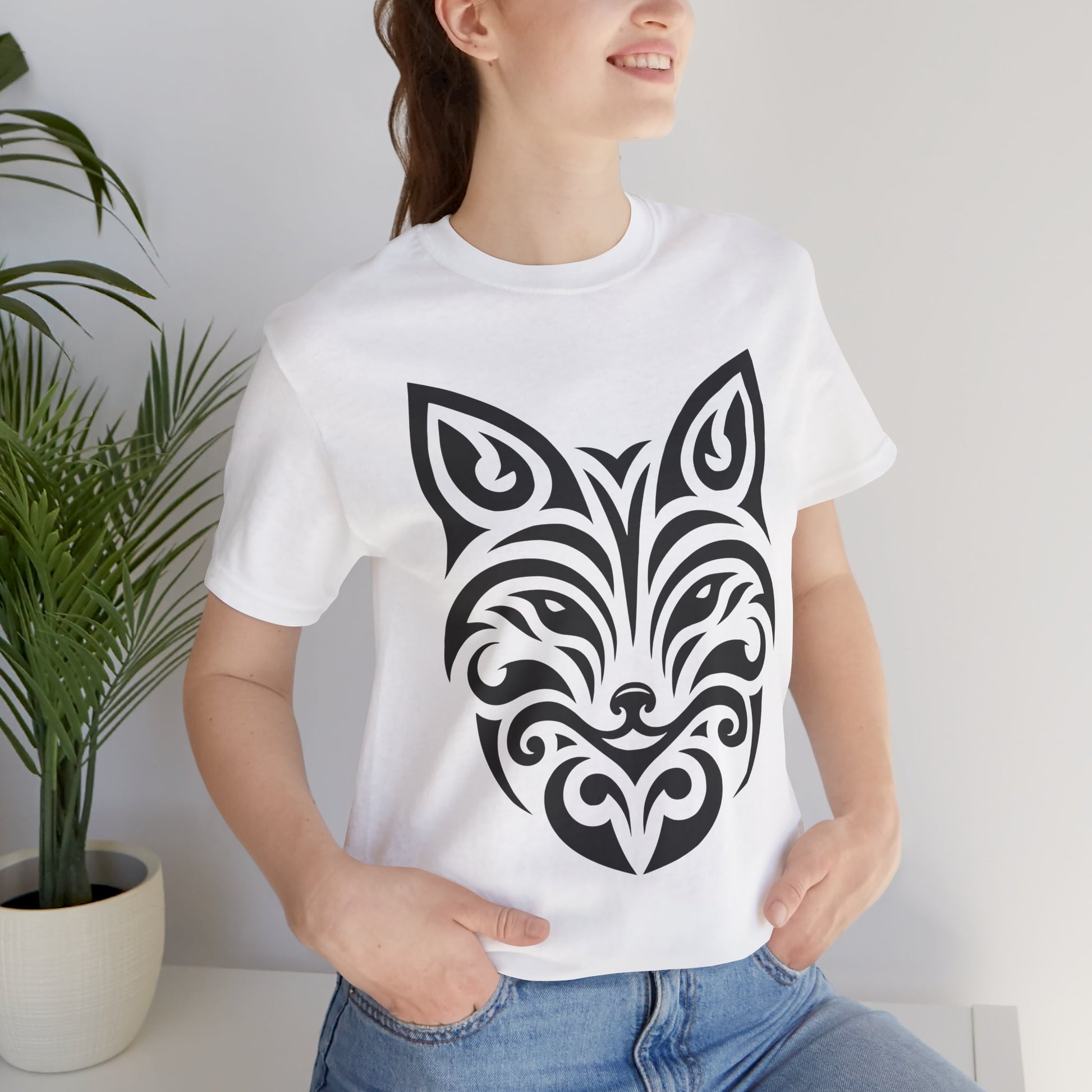 Sleek tee with a bold black tribal fox design, offered in multiple color choices
