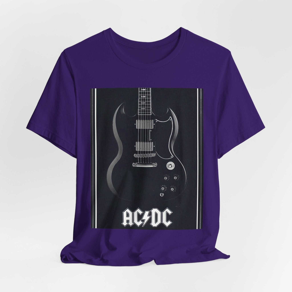 Purple unisex rock guitar graphic tee featuring an electric guitar and AC/DC logo.