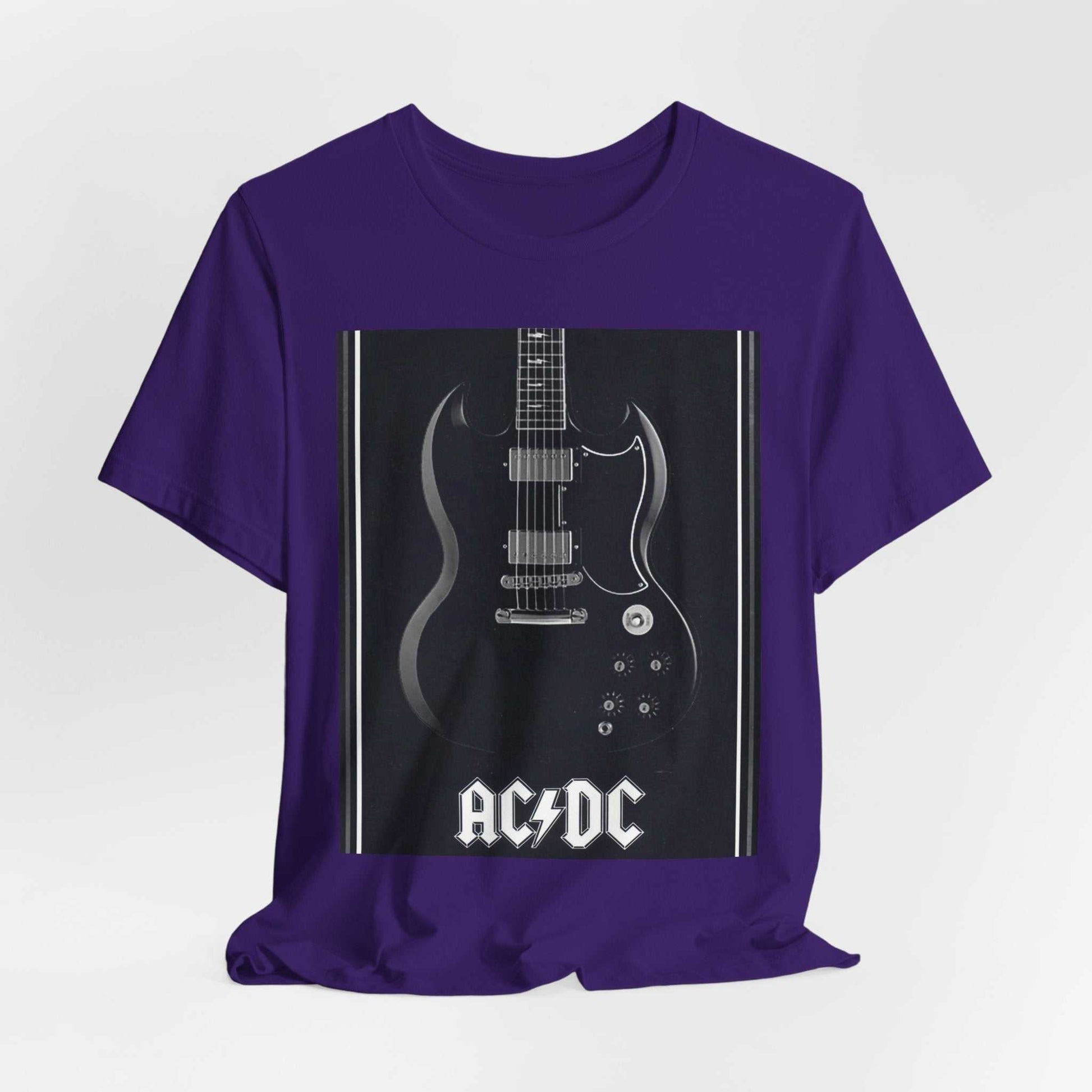 Purple unisex rock guitar graphic tee featuring an electric guitar and AC/DC logo.