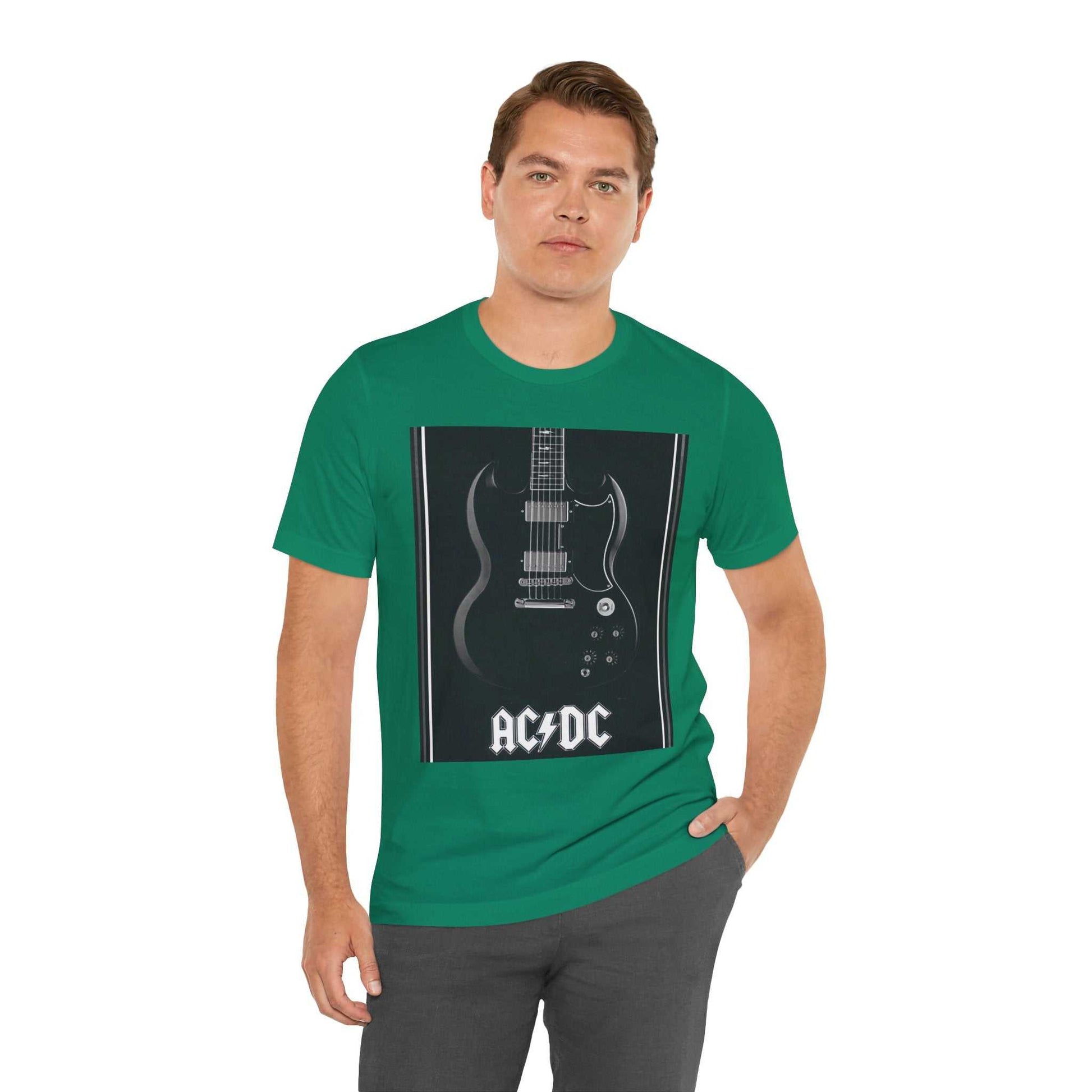 Man wearing green rock guitar graphic tee with AC/DC design on front