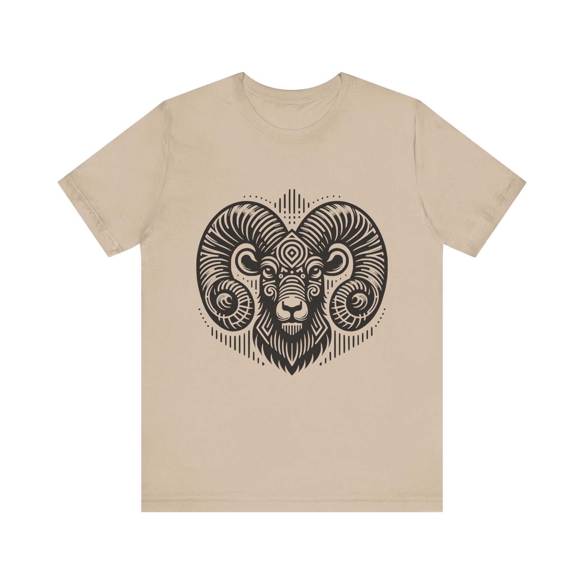 Striking tee with an intricate black tribal ram design, offered in vibrant color options